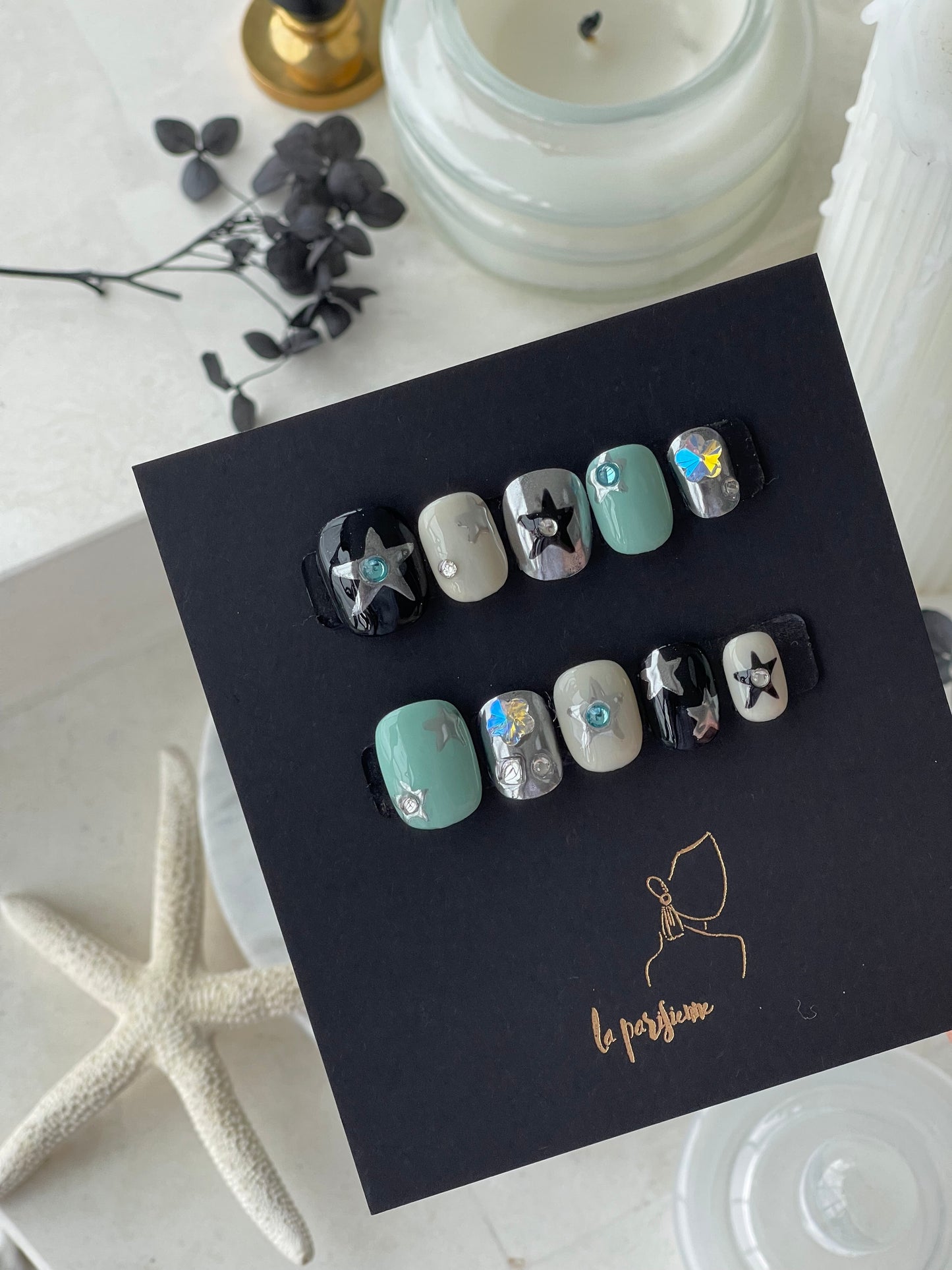 Mint Star Press On Nails