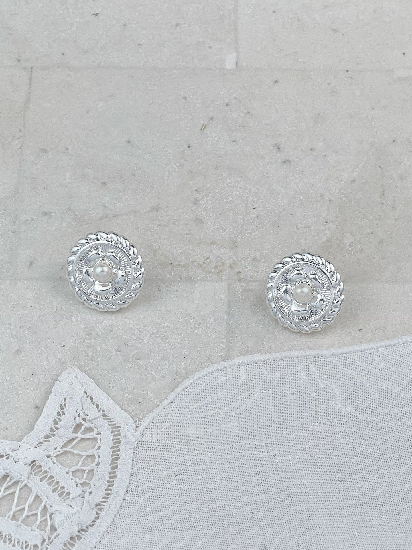 Silver Coco Chanel Style Flower Pearl Disc Buckle Stud Earrings