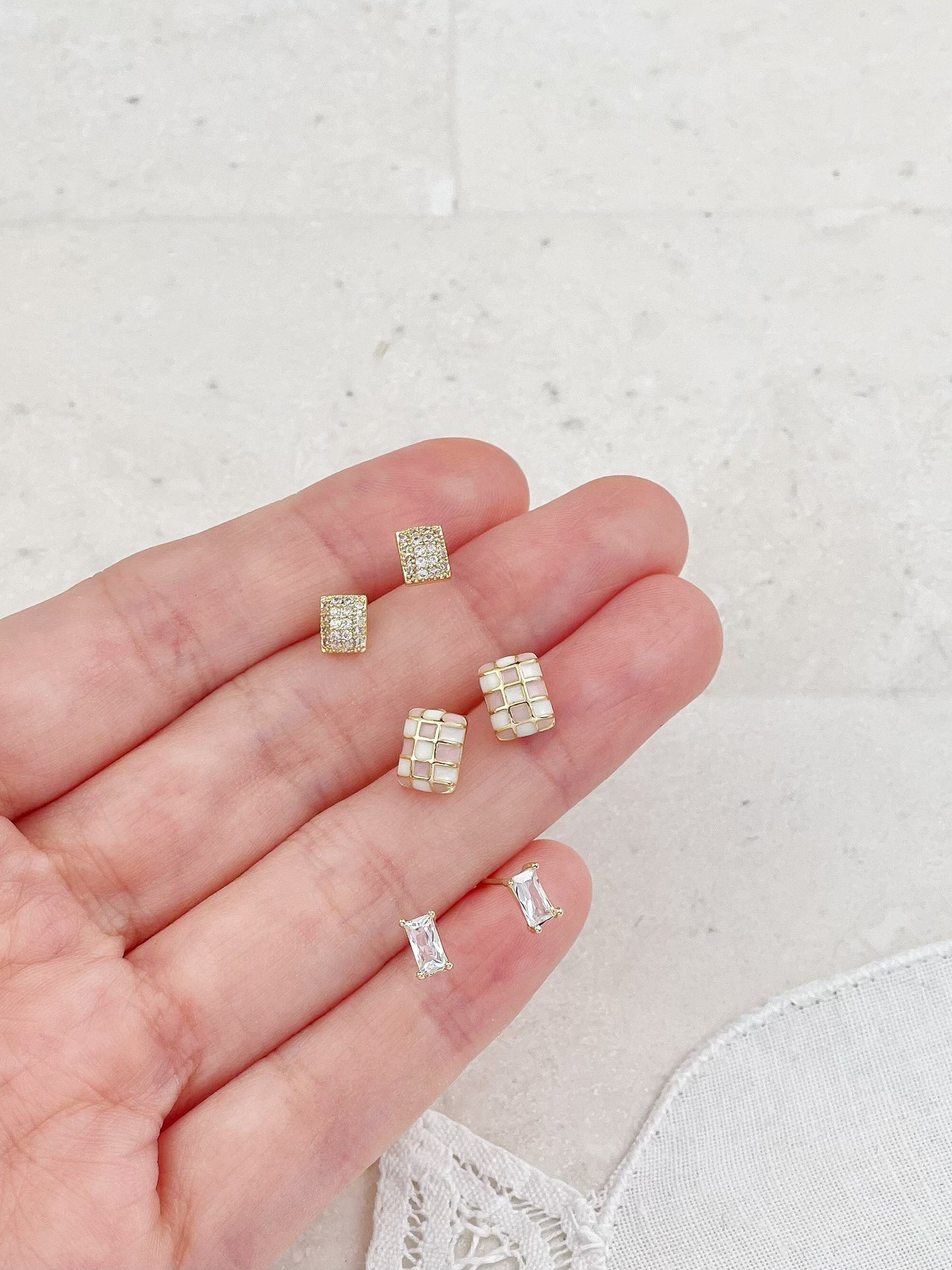 Gold Plated Diamond And Enamel Mini Rectangle Set Stud Earrings 3-Pack