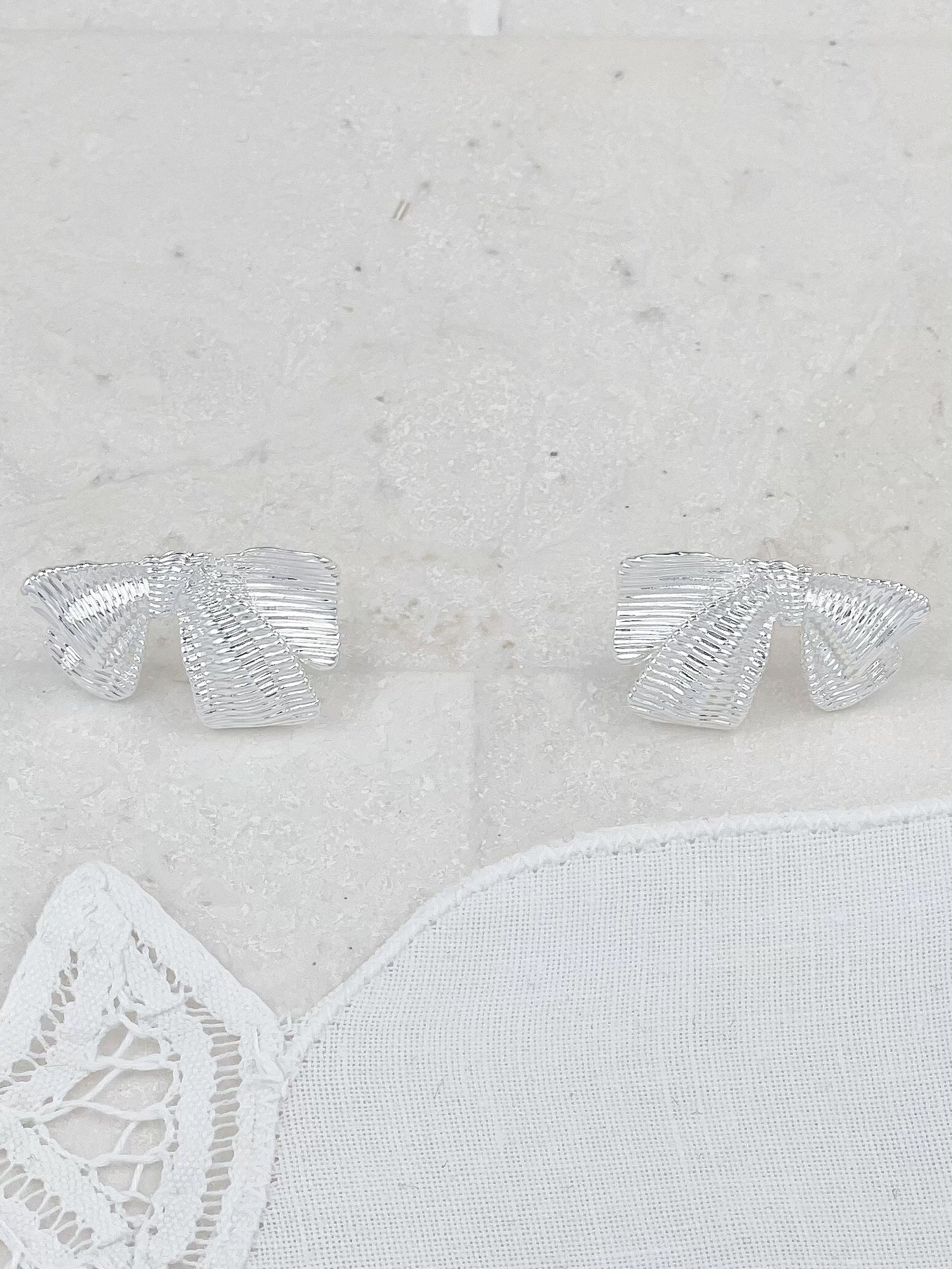 Silver Plated Striped Bow Stud Earrings
