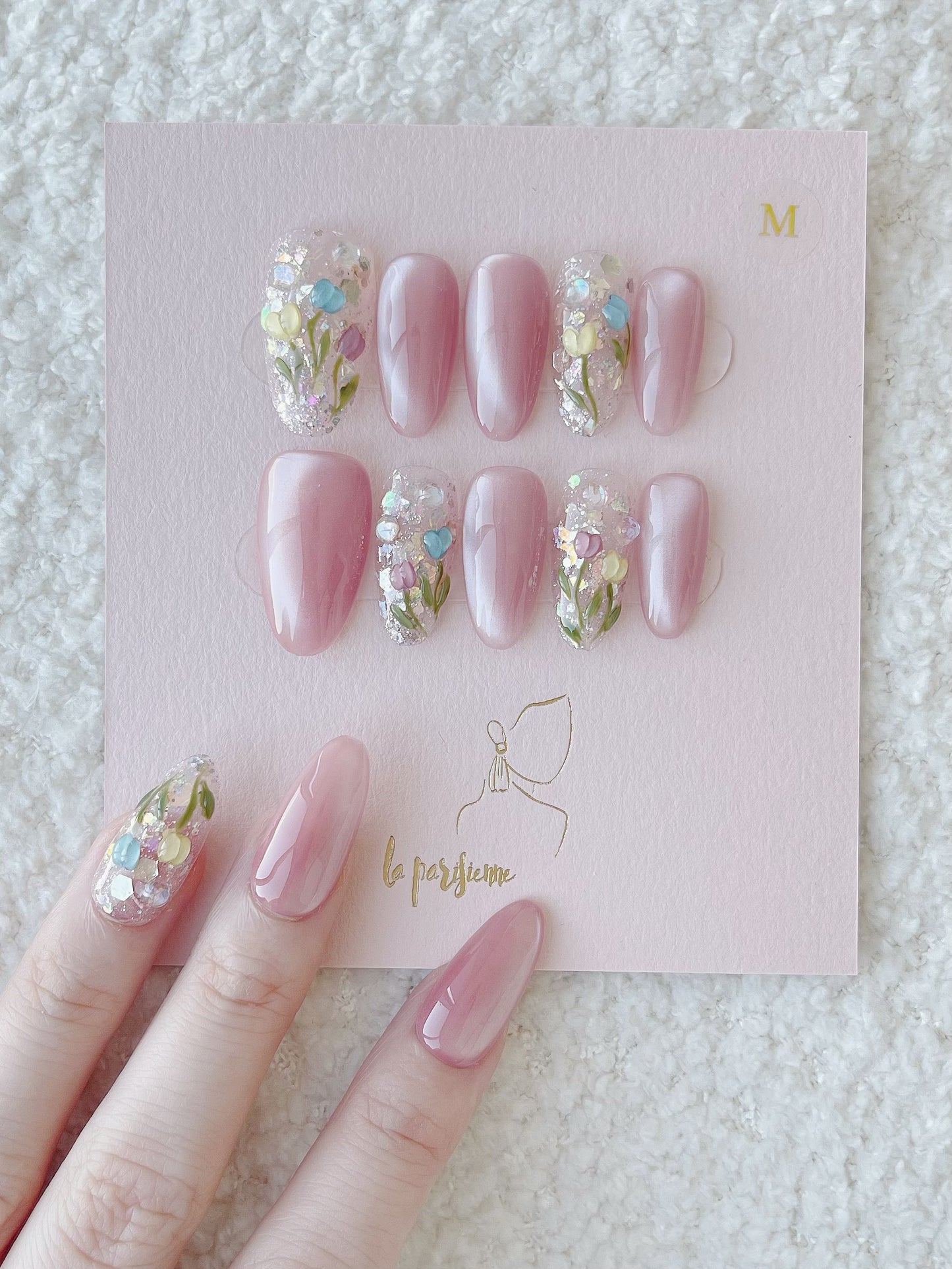 3D Tulips Cat Eye Press On Nails