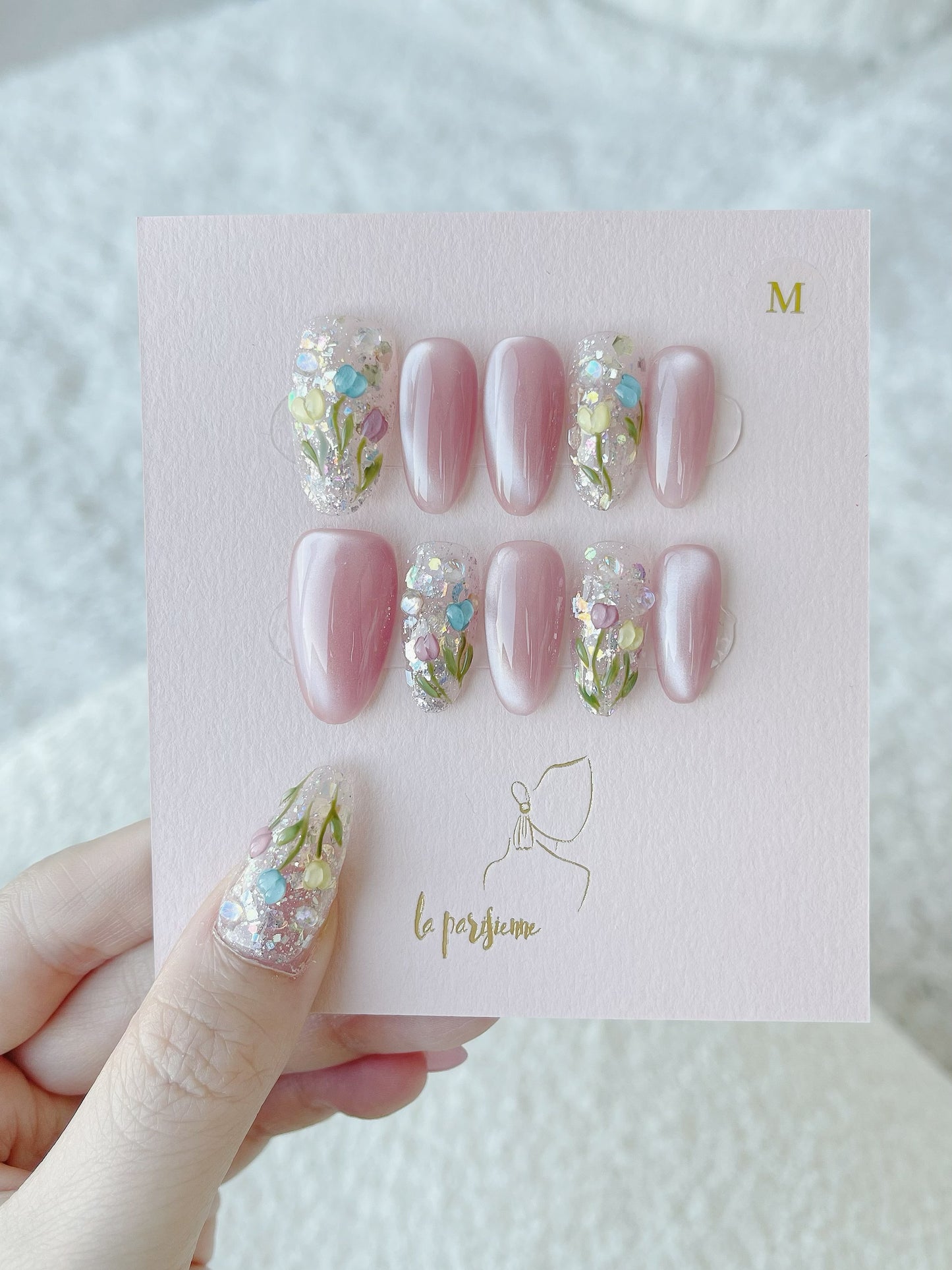 3D Tulips Cat Eye Press On Nails