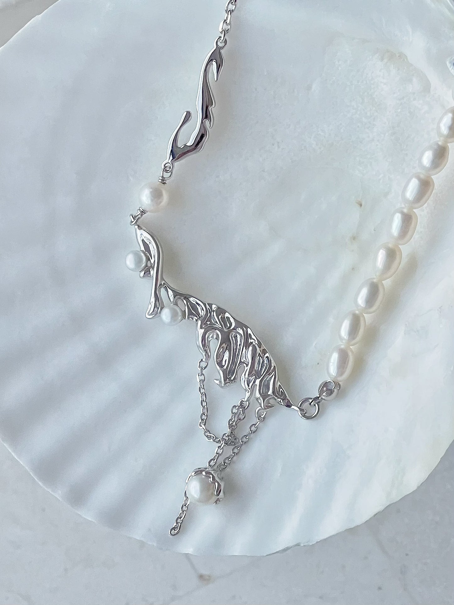 Marie Sterling Silver Molten Tassel Freshwater Pearl Necklace