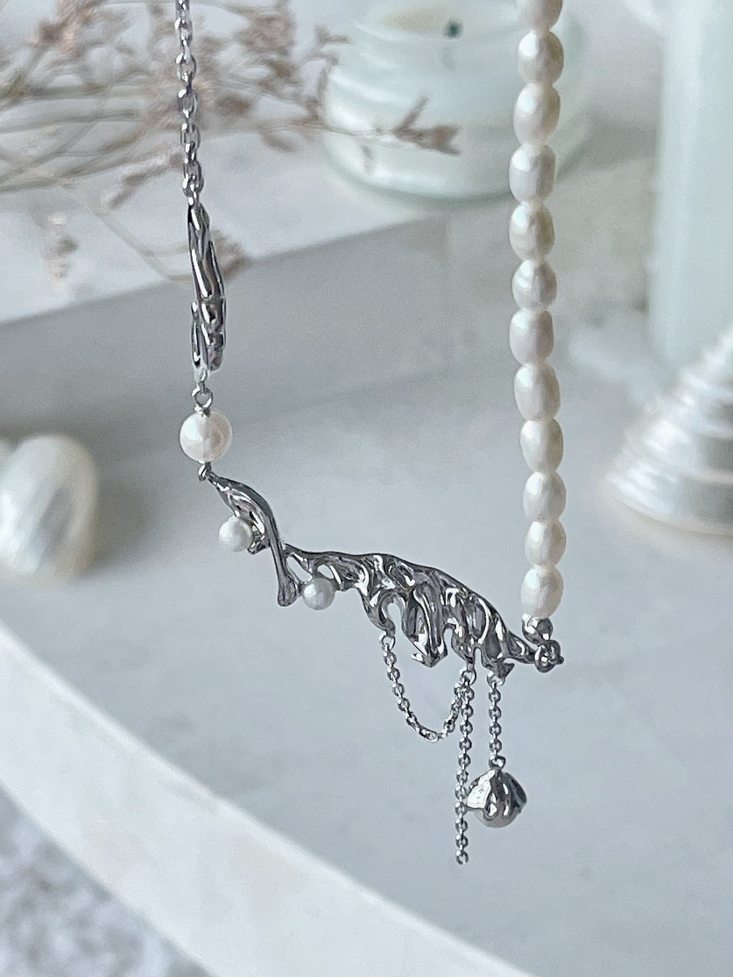 Marie Sterling Silver Molten Tassel Freshwater Pearl Necklace