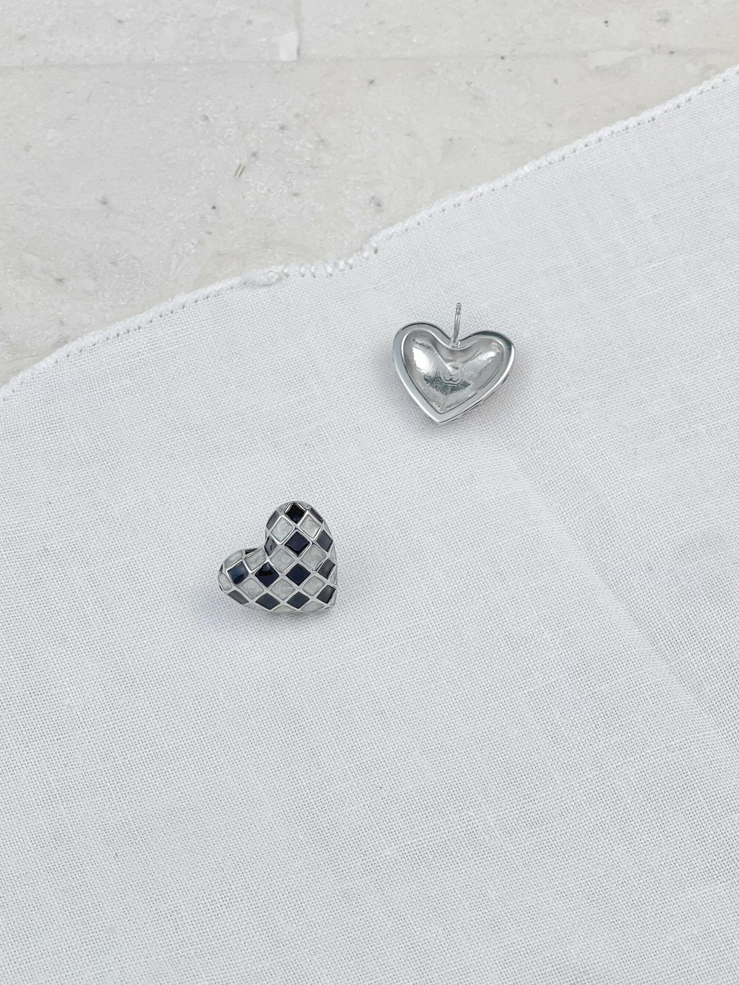 Silver Plated Enamel Checkerboard Heart Stud Earrings