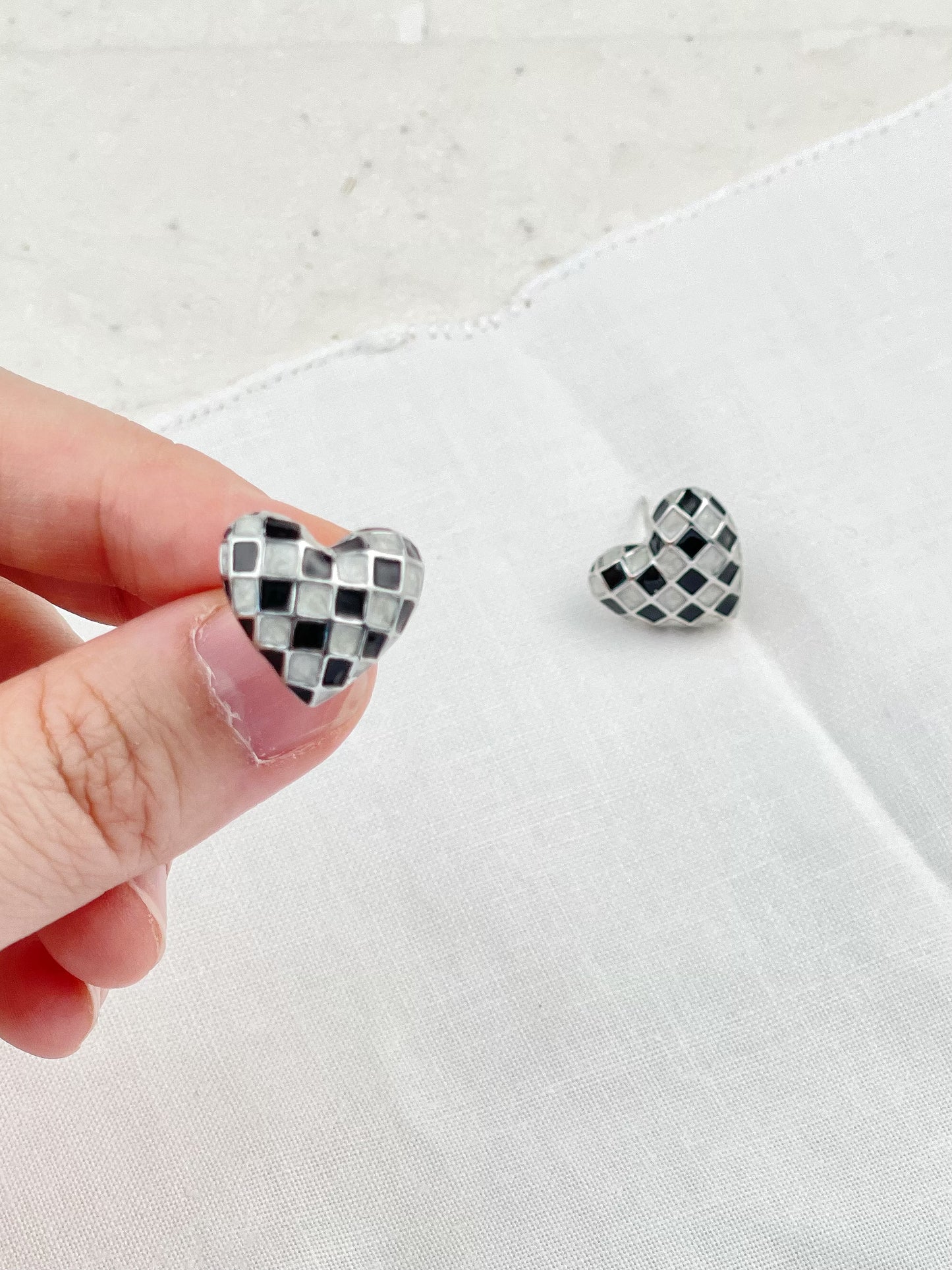 Silver Plated Enamel Checkerboard Heart Stud Earrings