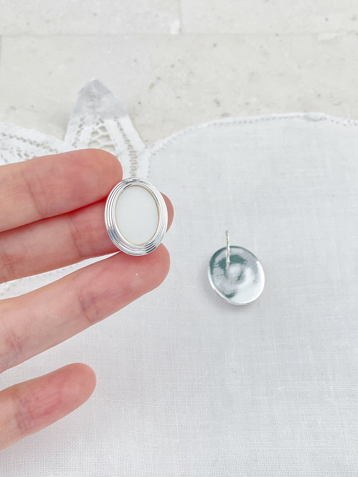 Silver Oval White Mother Of Pearl Stud Earrings