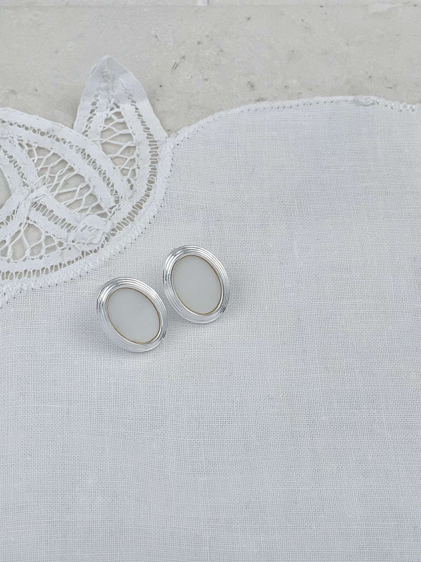 Silver Oval White Mother Of Pearl Stud Earrings