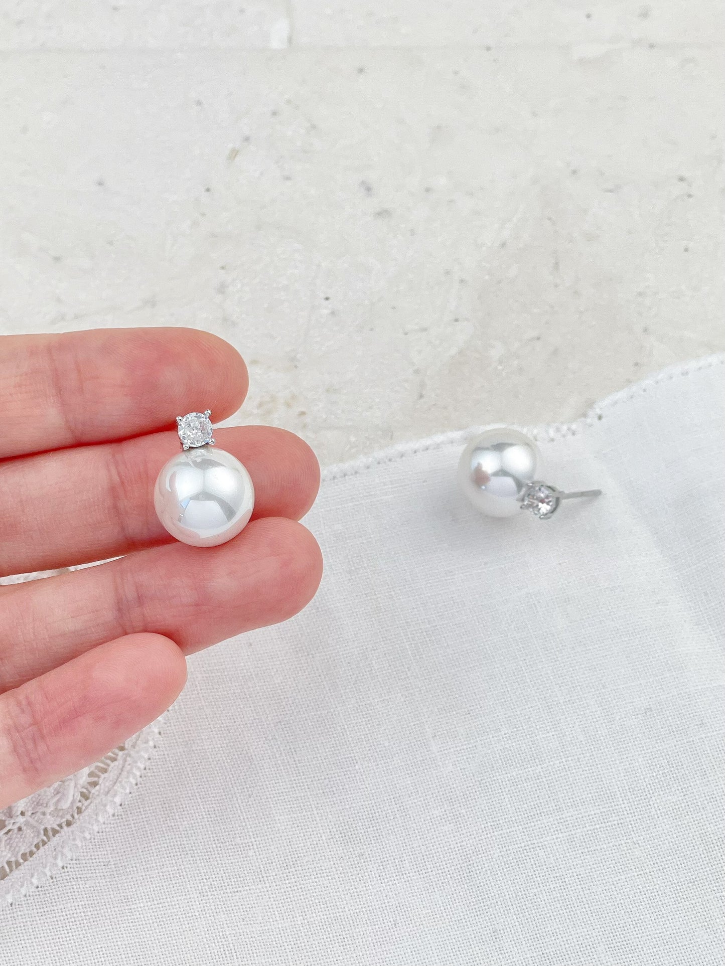 Silver White Pearl Cubic Zirconia Stud Earrings