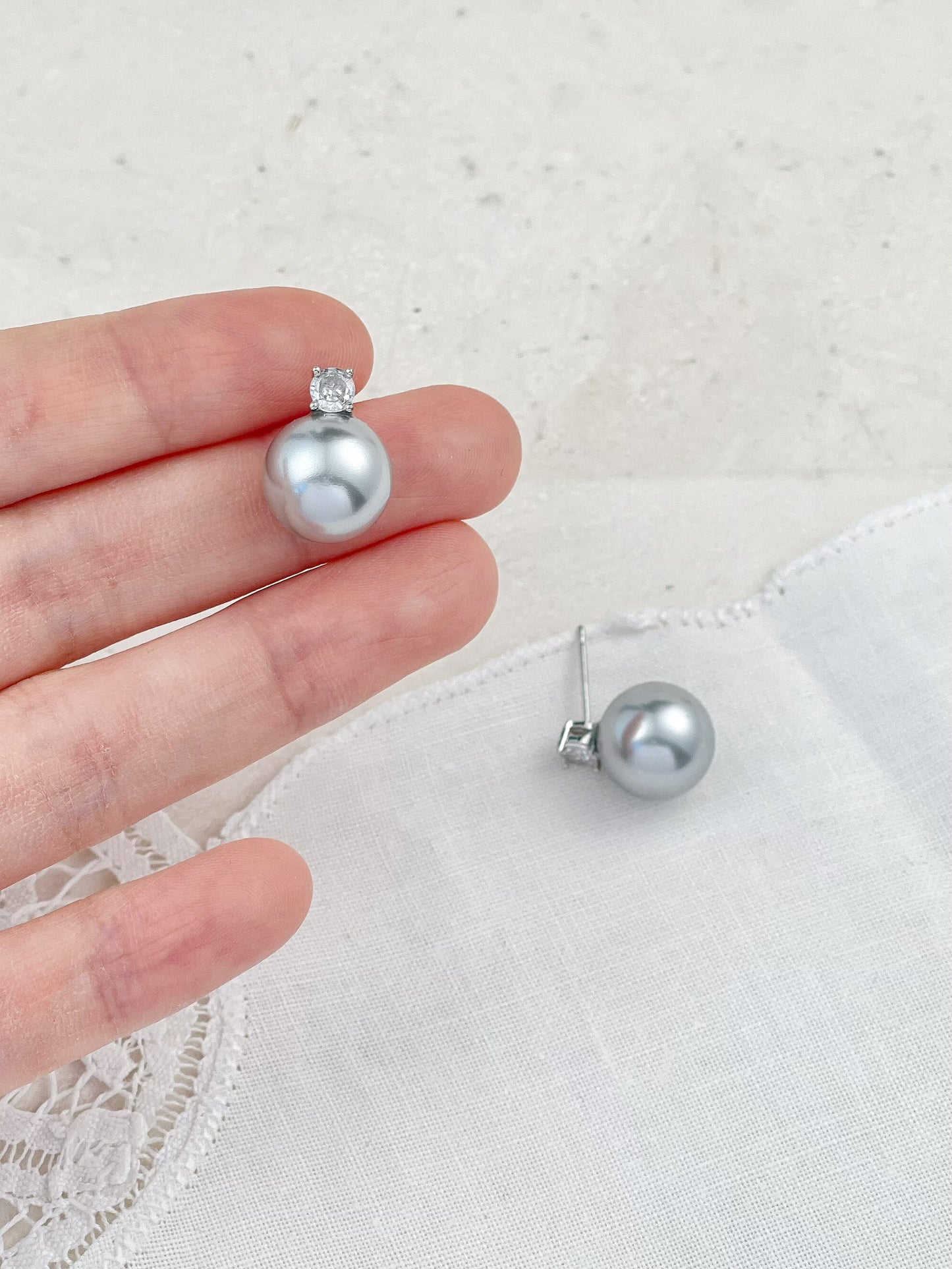 Silver Diamond Platinum Gray Pearl Stud Earrings