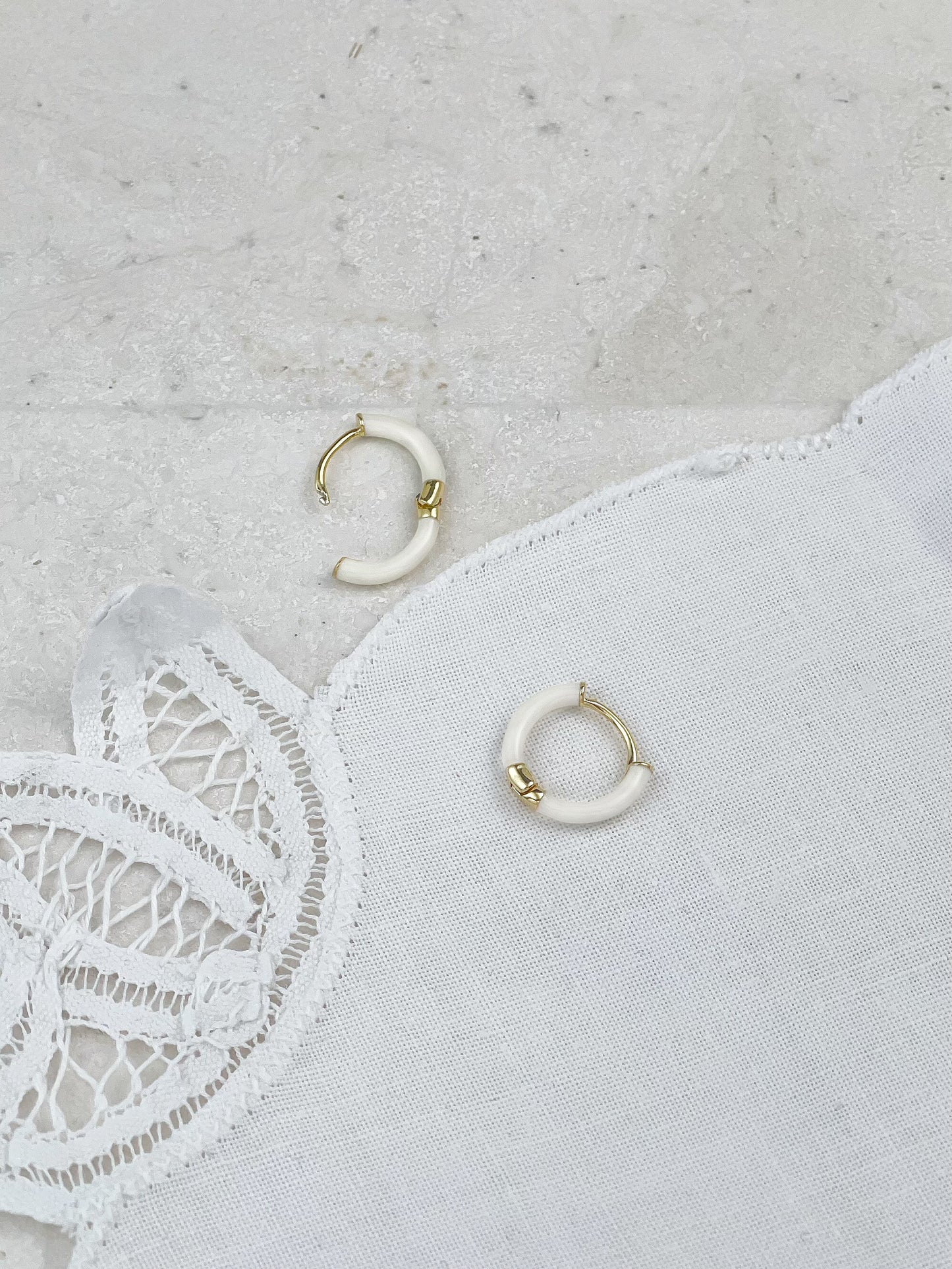 Gold Milky White Enamel Hoop Earrings