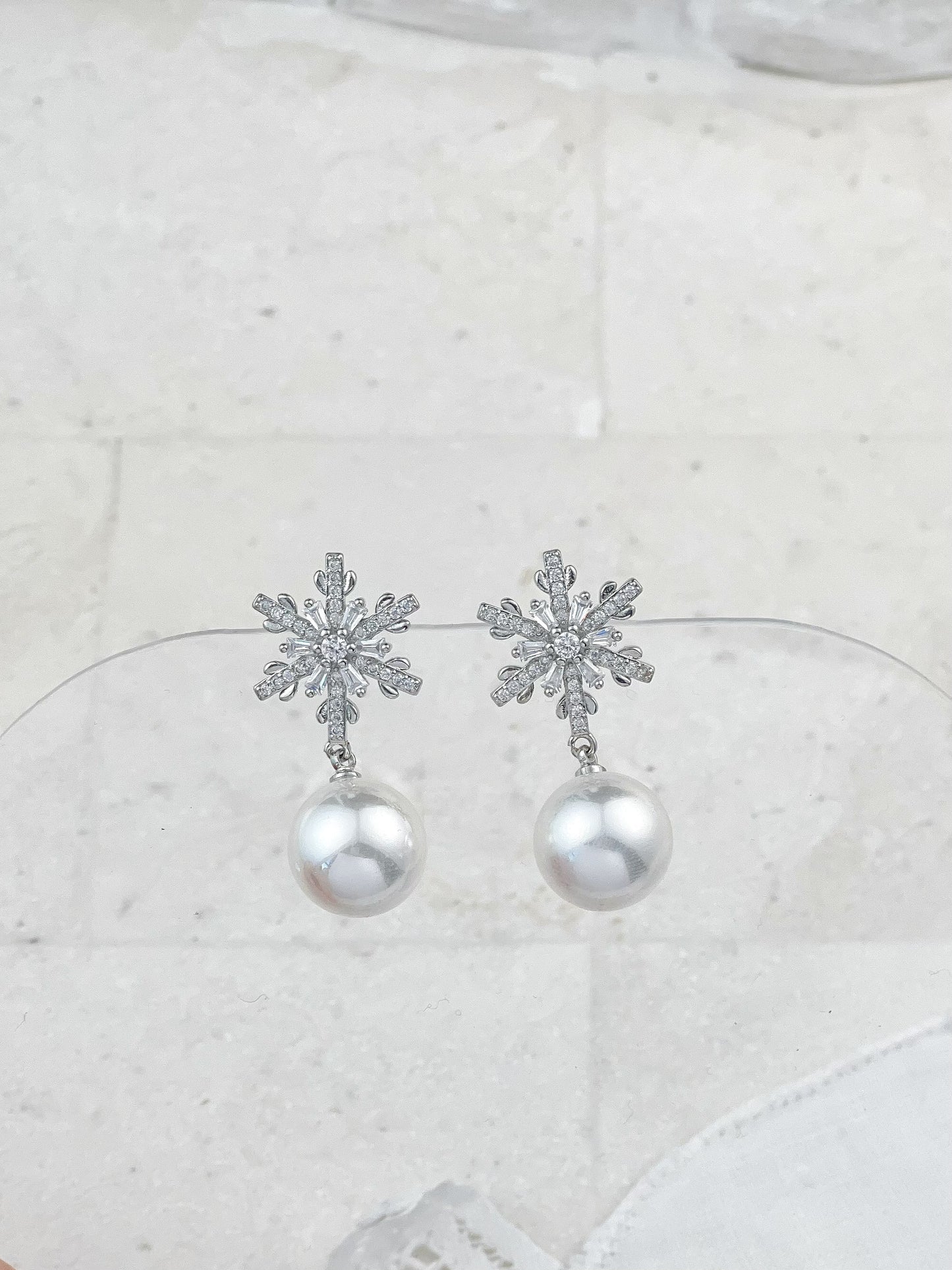 Silver Diamond Snowflake Pearls Earrings