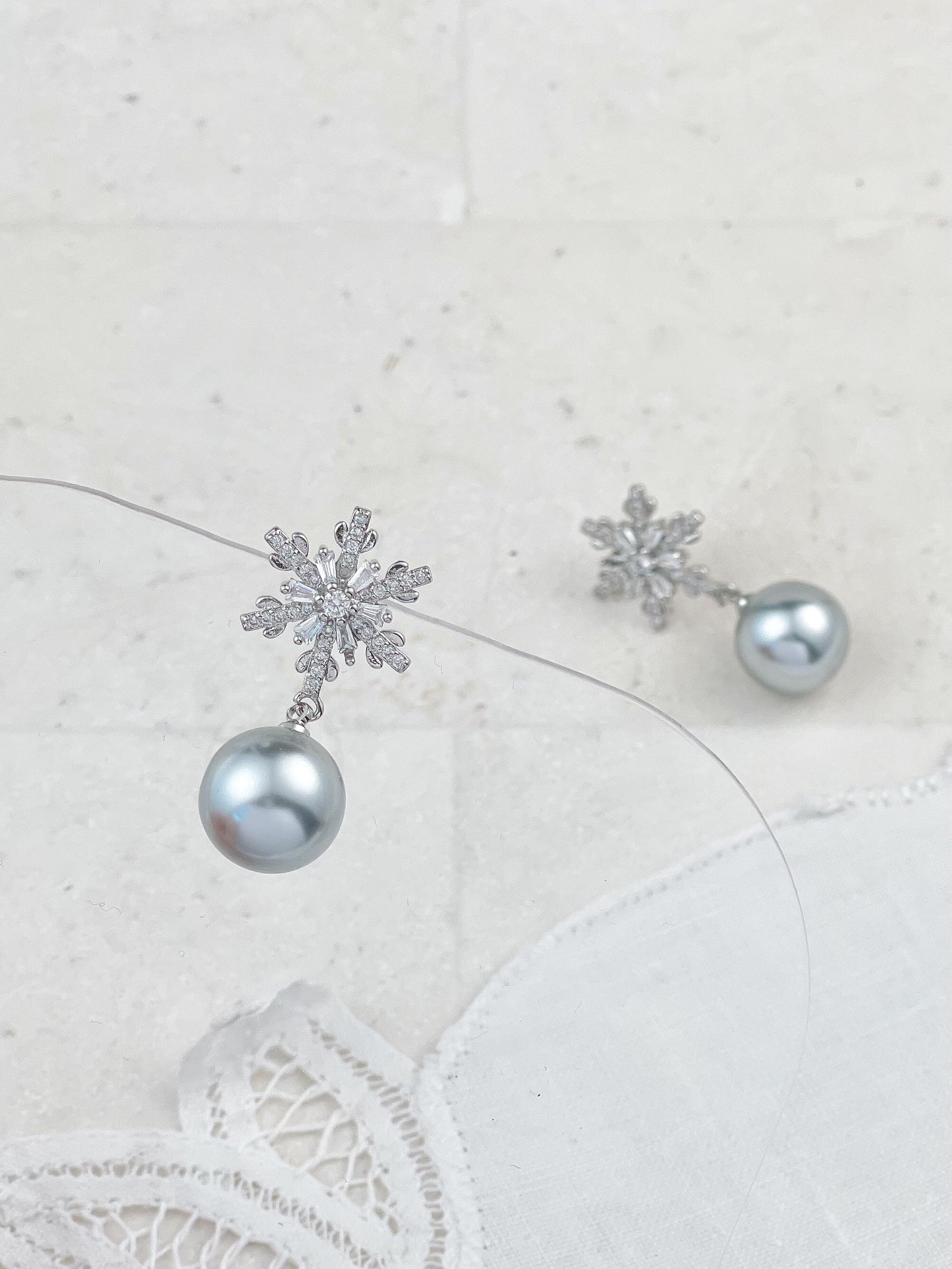 Silver Diamond Snowflake Pearls Earrings