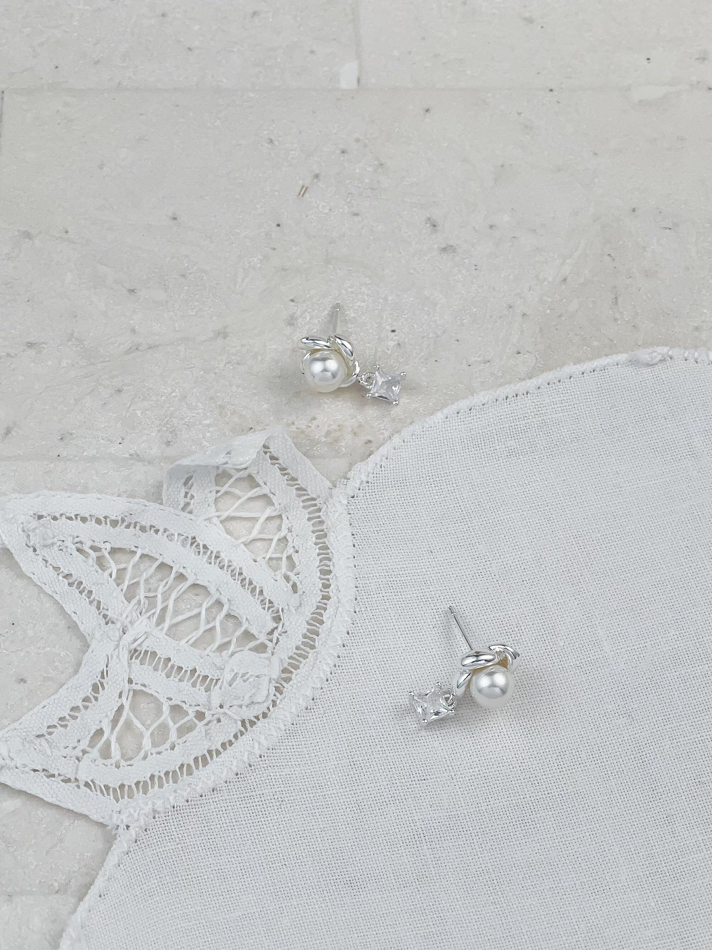 Silver Four Leaf Flower Pearl Diamond Earrings