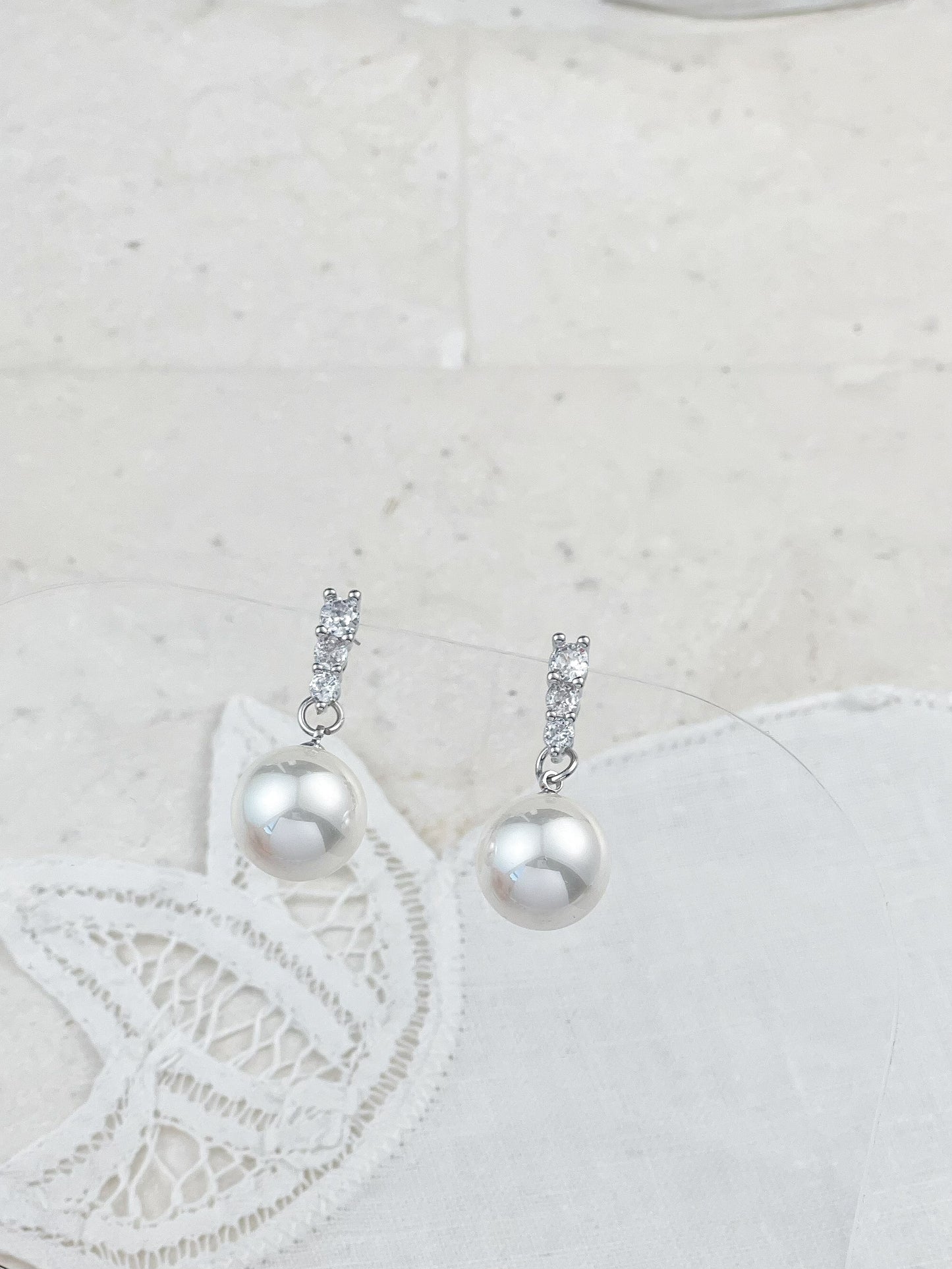 Silver Diamond Pearl Earrings