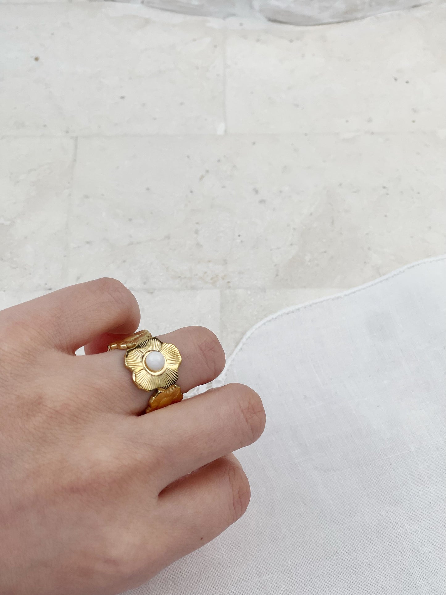 Gold White Chalcedony Flower Ring