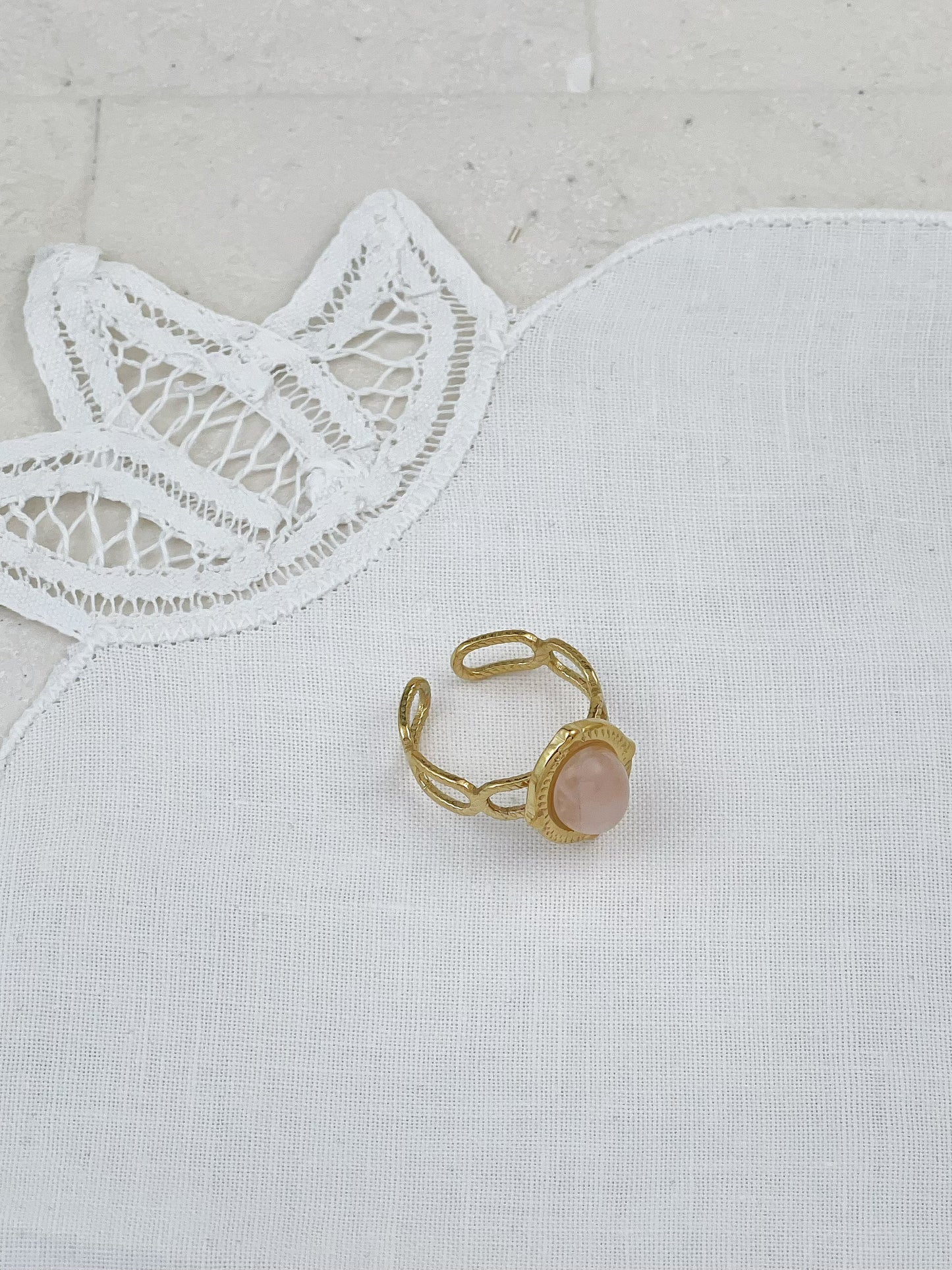 Gold Plated Pink Fluorite Vintage Hollow Ring