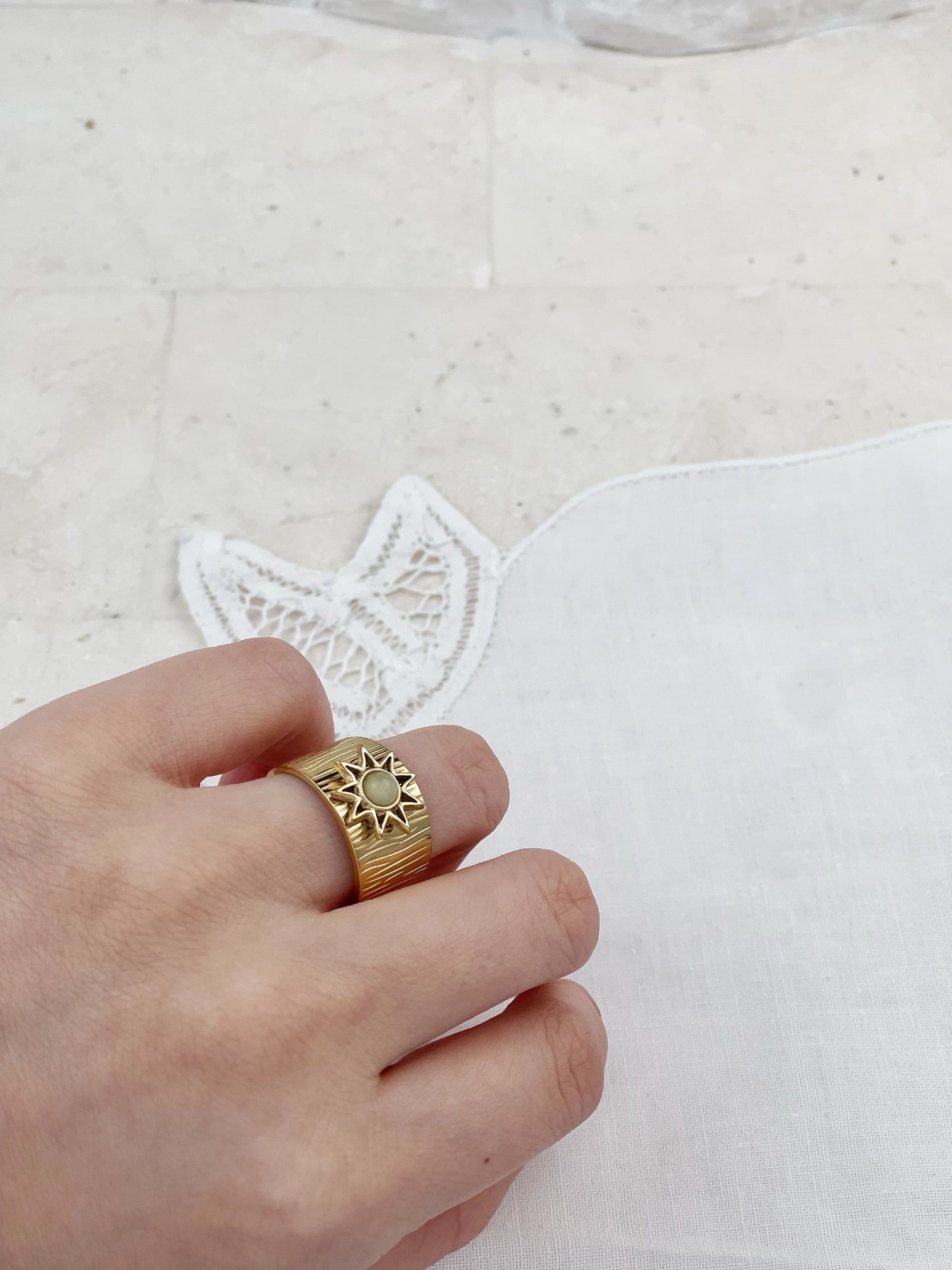 Gold Plated White Chalcedony Sun Ring