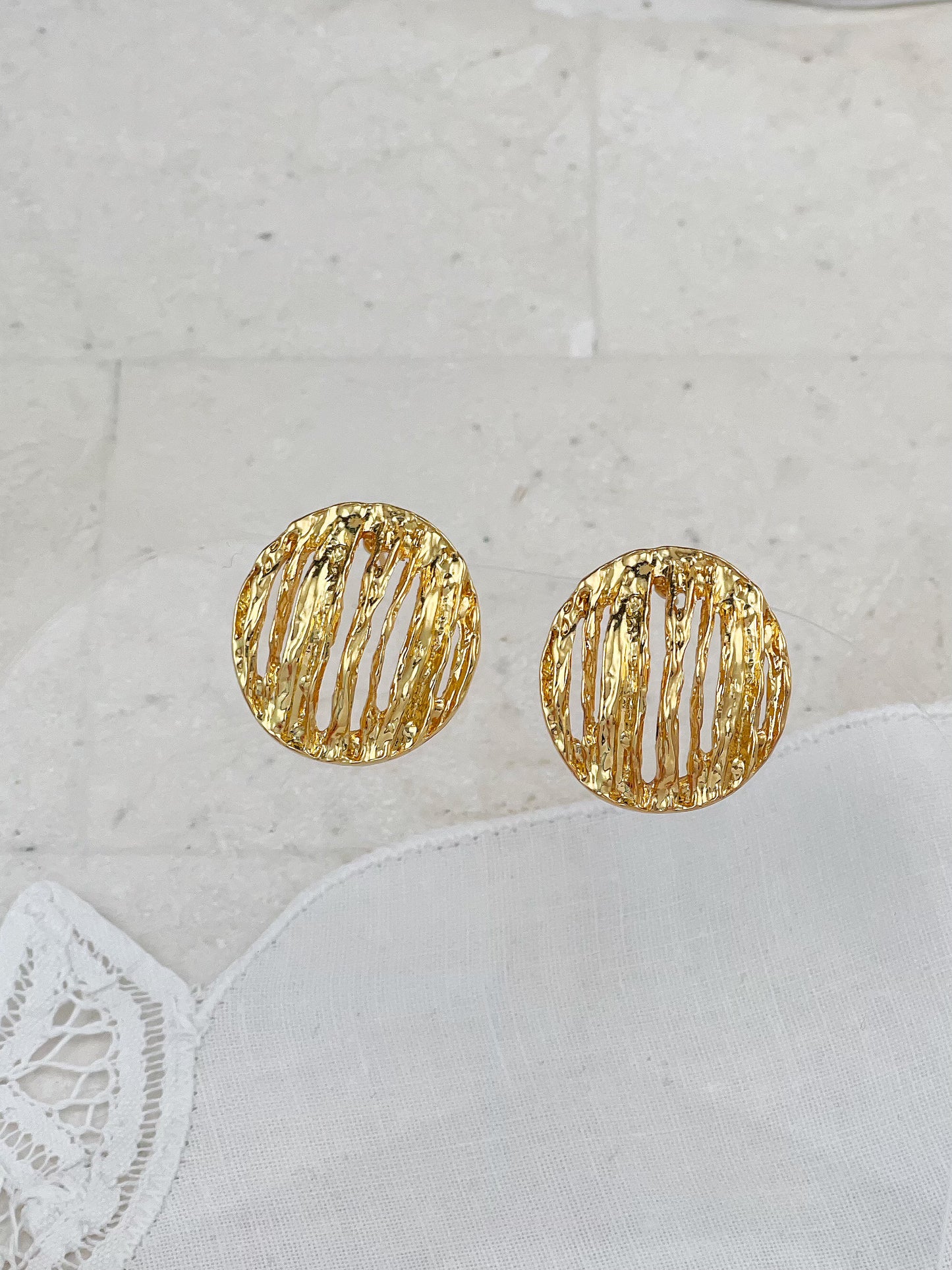 Gold Plated Vintage Molten Hollow Round Stud Earrings