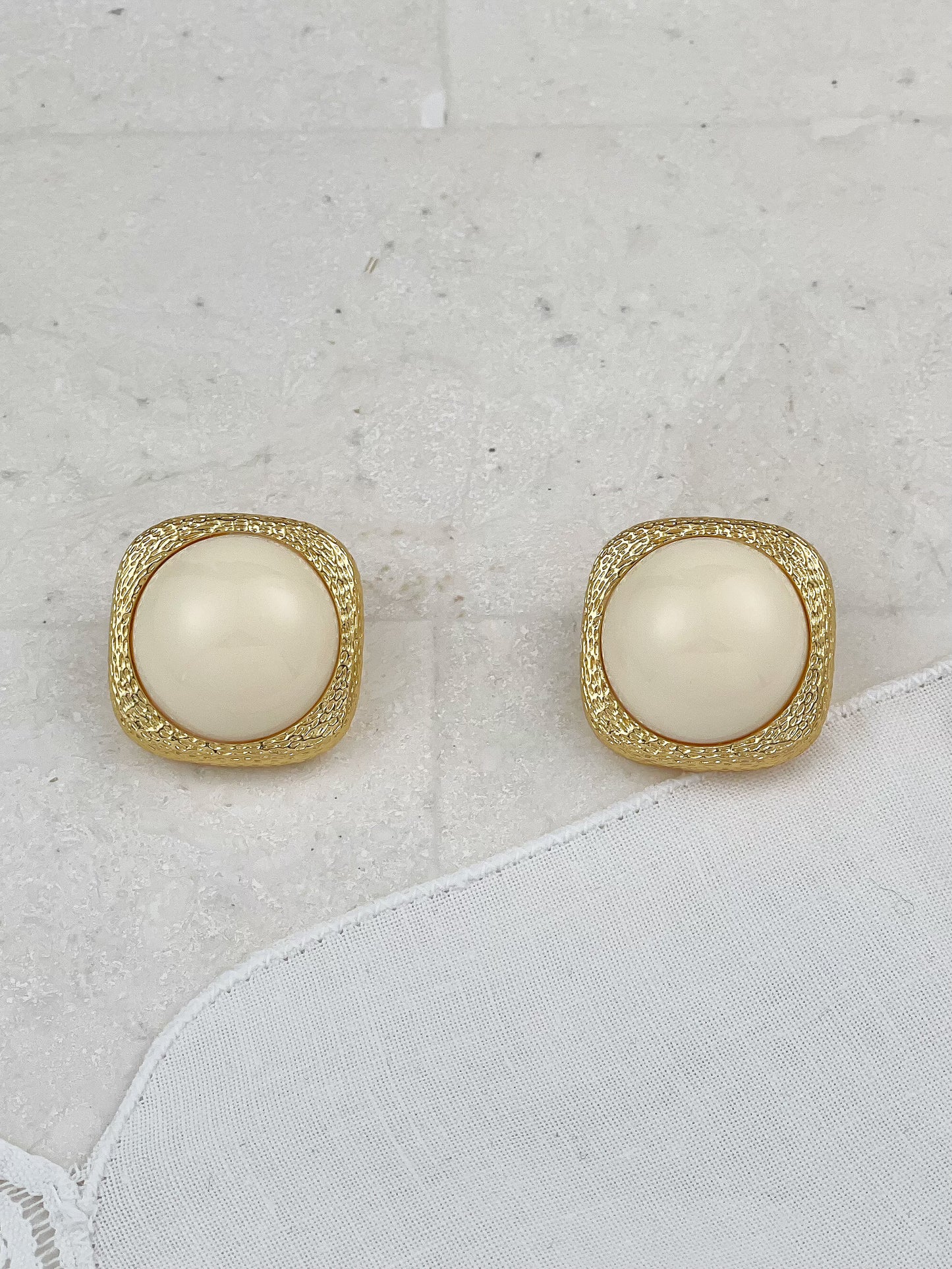 Gold Plated Vintage Ivory Acrylic Square Stud Earrings