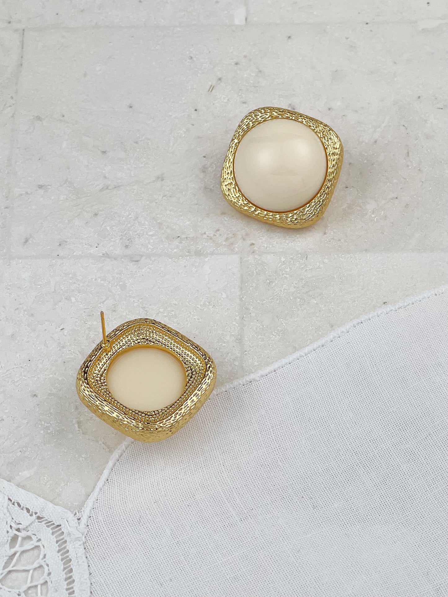 Gold Plated Vintage Ivory Acrylic Square Stud Earrings