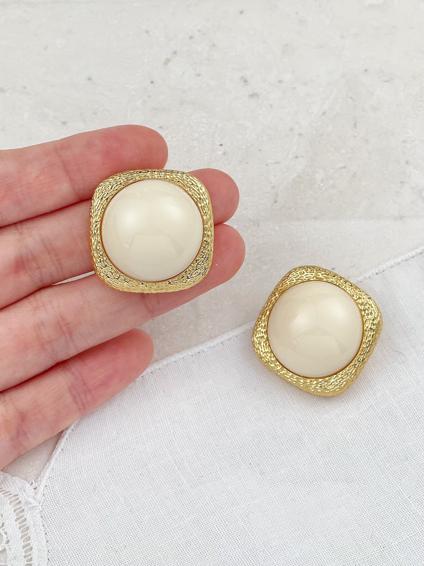 Gold Plated Vintage Ivory Acrylic Square Stud Earrings