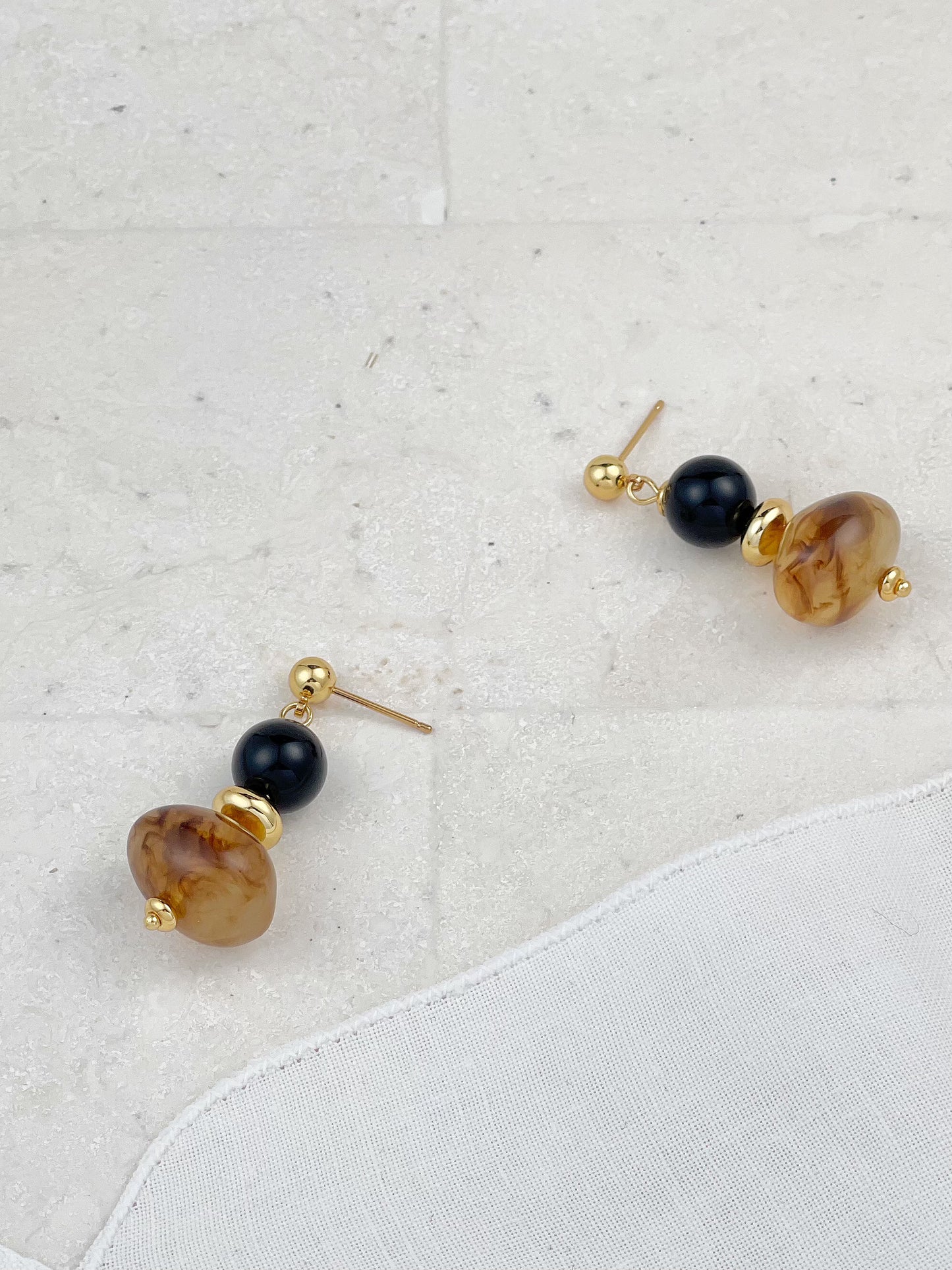 Gold Plated Obsidian Amber Acrylic Earrings