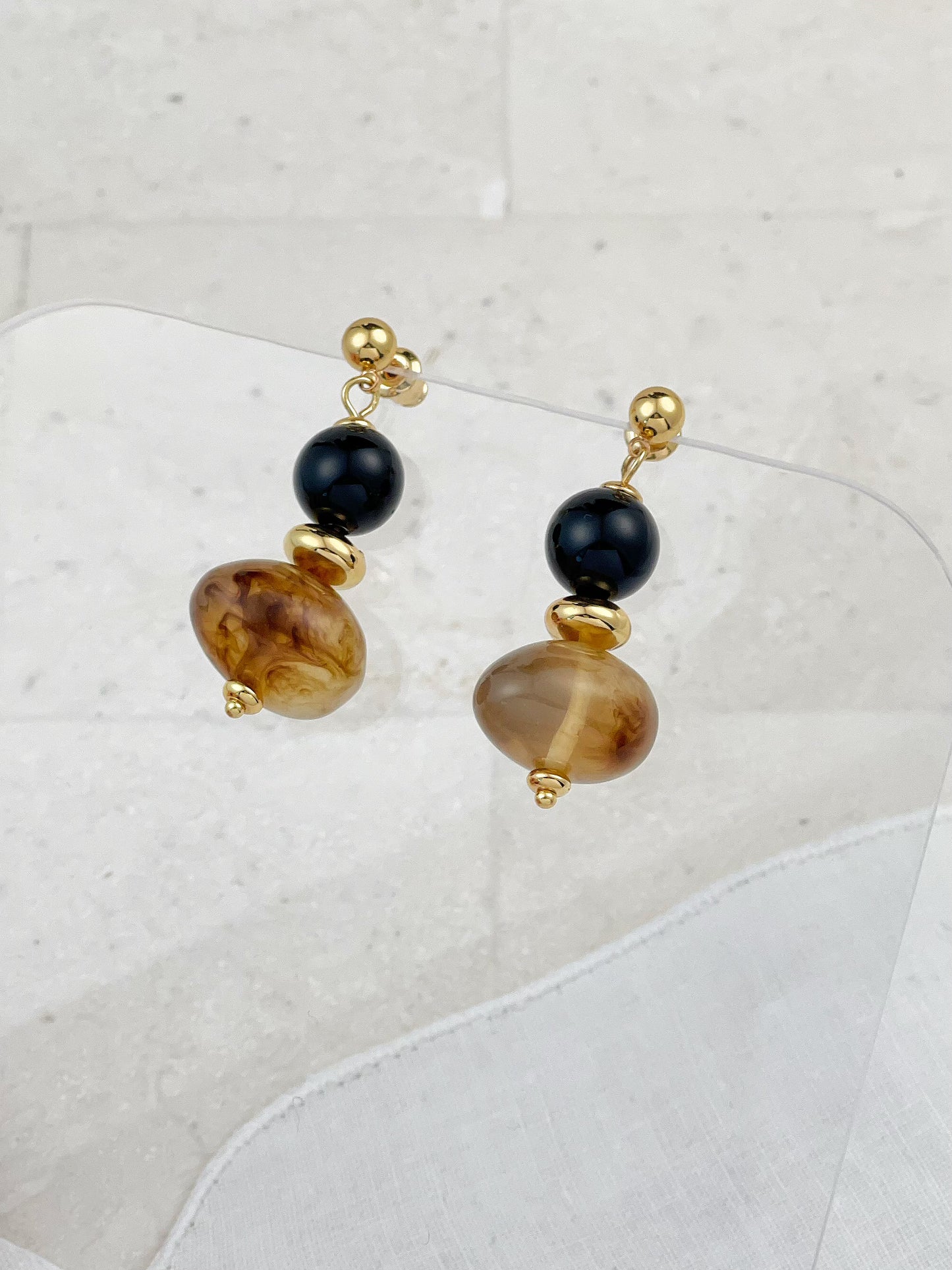 Gold Plated Obsidian Amber Acrylic Earrings