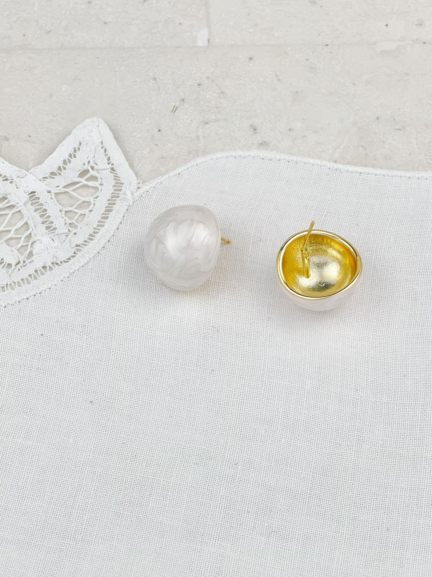 Gold Plated White Pearlescent Enamel Dripping Oil Ball Earrings