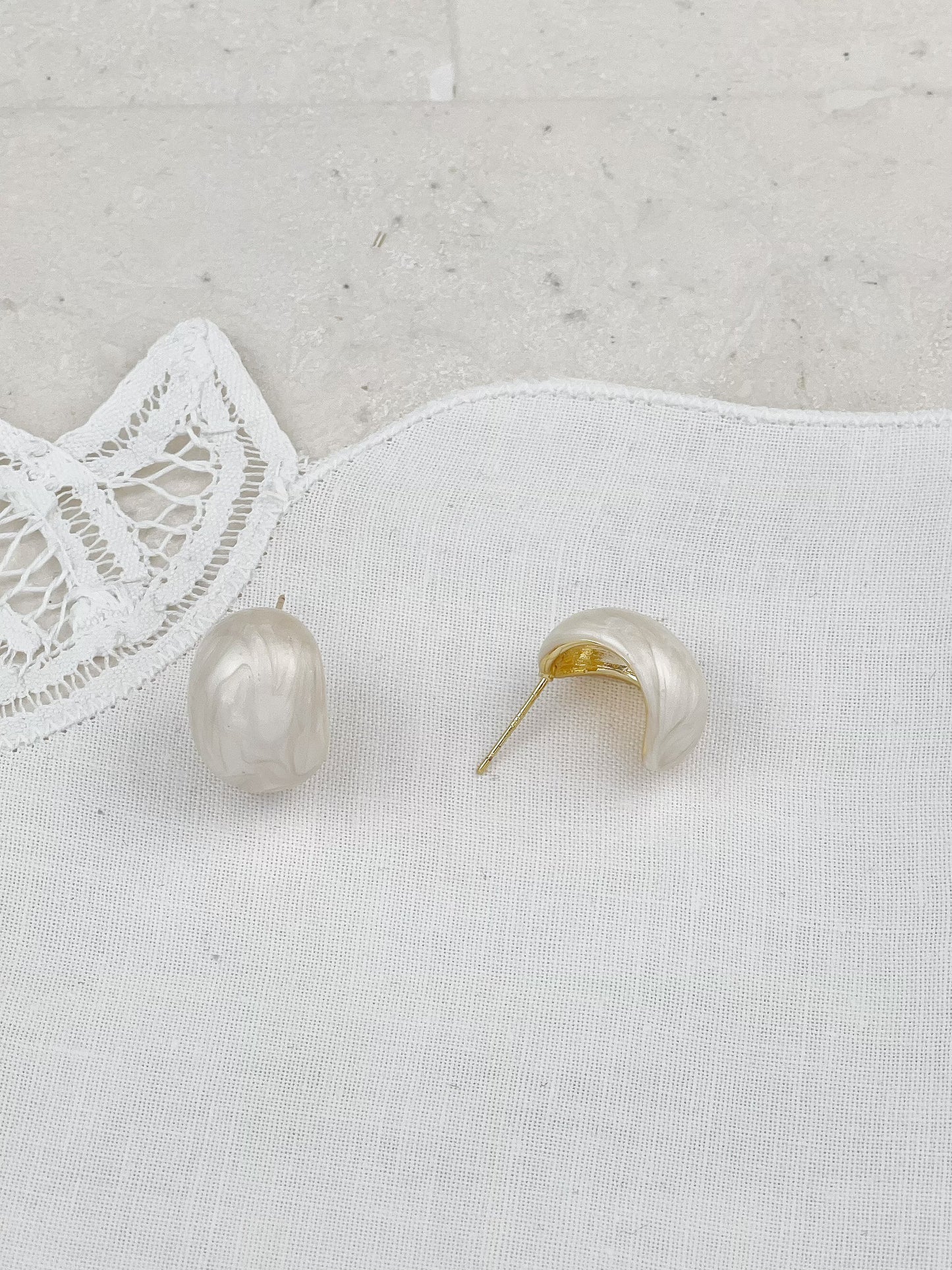 Gold Plated White Pearlescent Enamel Semicircle Earrings