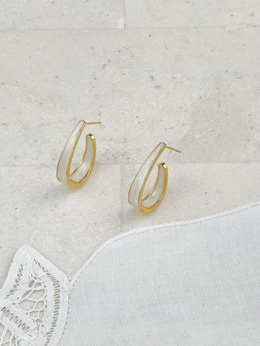 Gold Plated White Enamel Hoop Earrings