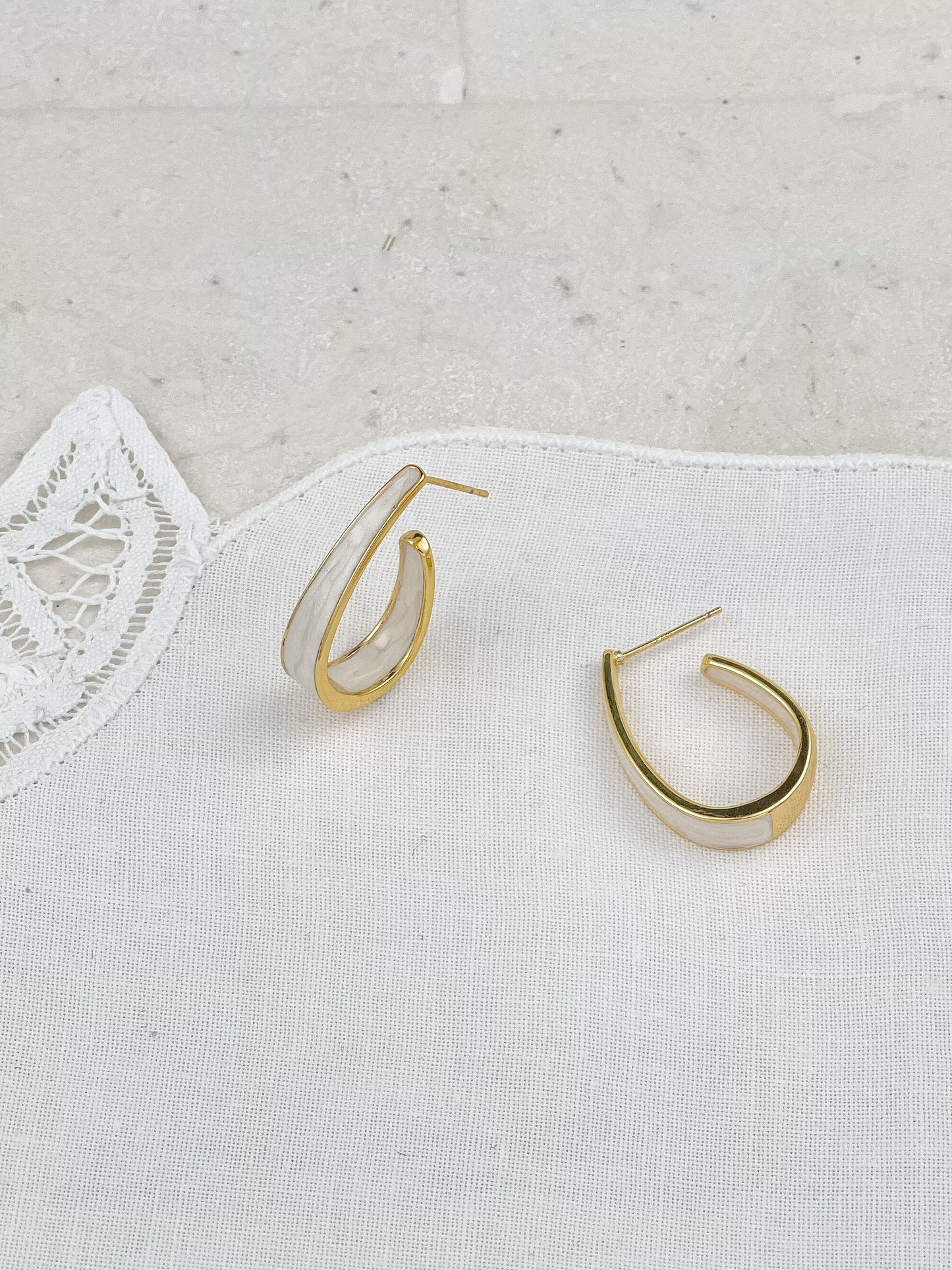 Gold Plated White Enamel Hoop Earrings