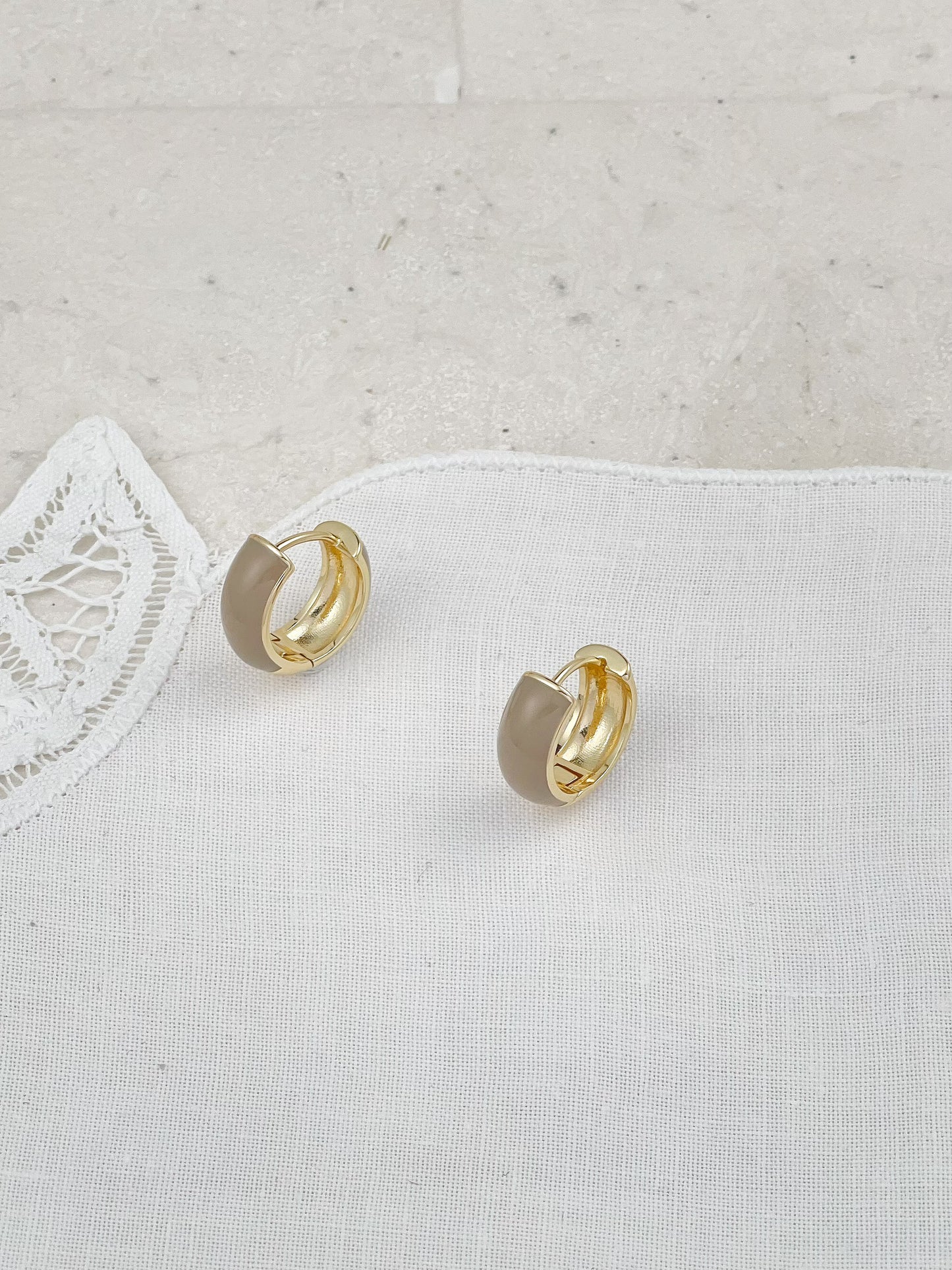 Gold Plated Gray Enamel Mini Hoop Earrings