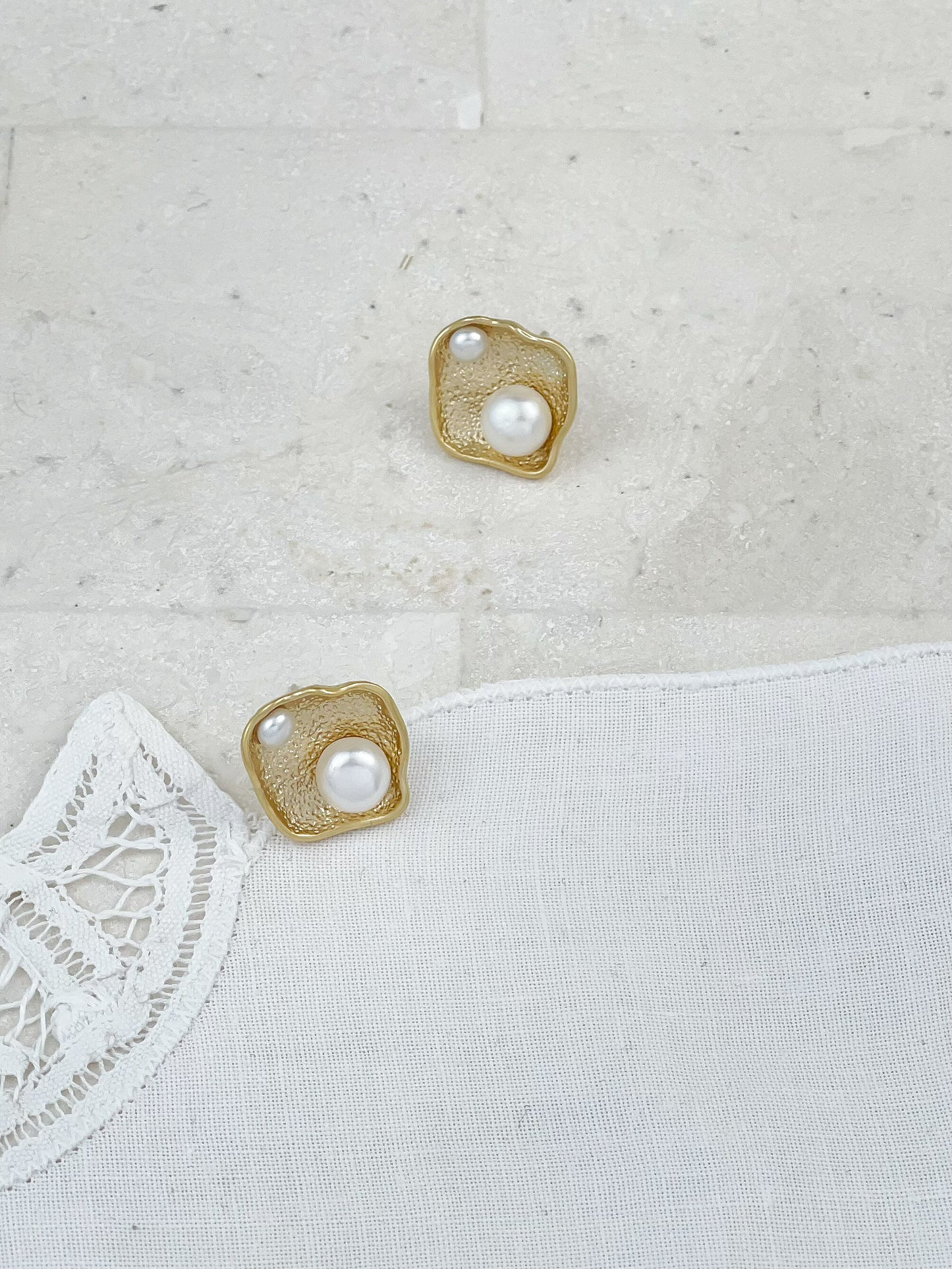 Gold Plated Square Plate Pearl Stud Earrings