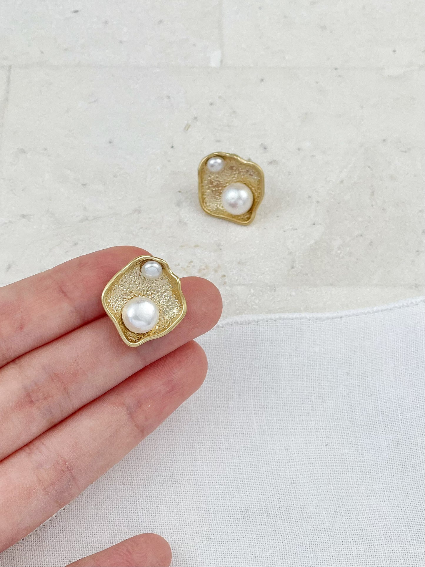 Gold Plated Square Plate Pearl Stud Earrings