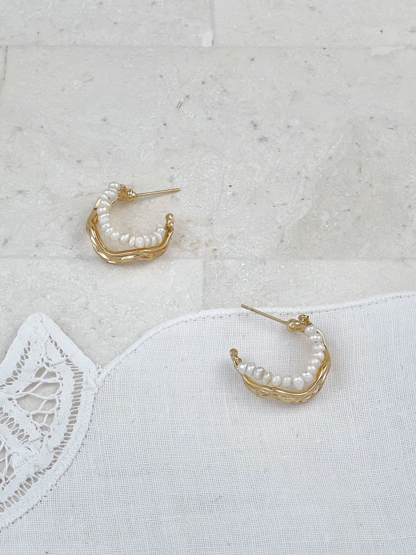 Gold Plated Molten Mini Pearl Hoop Earrings