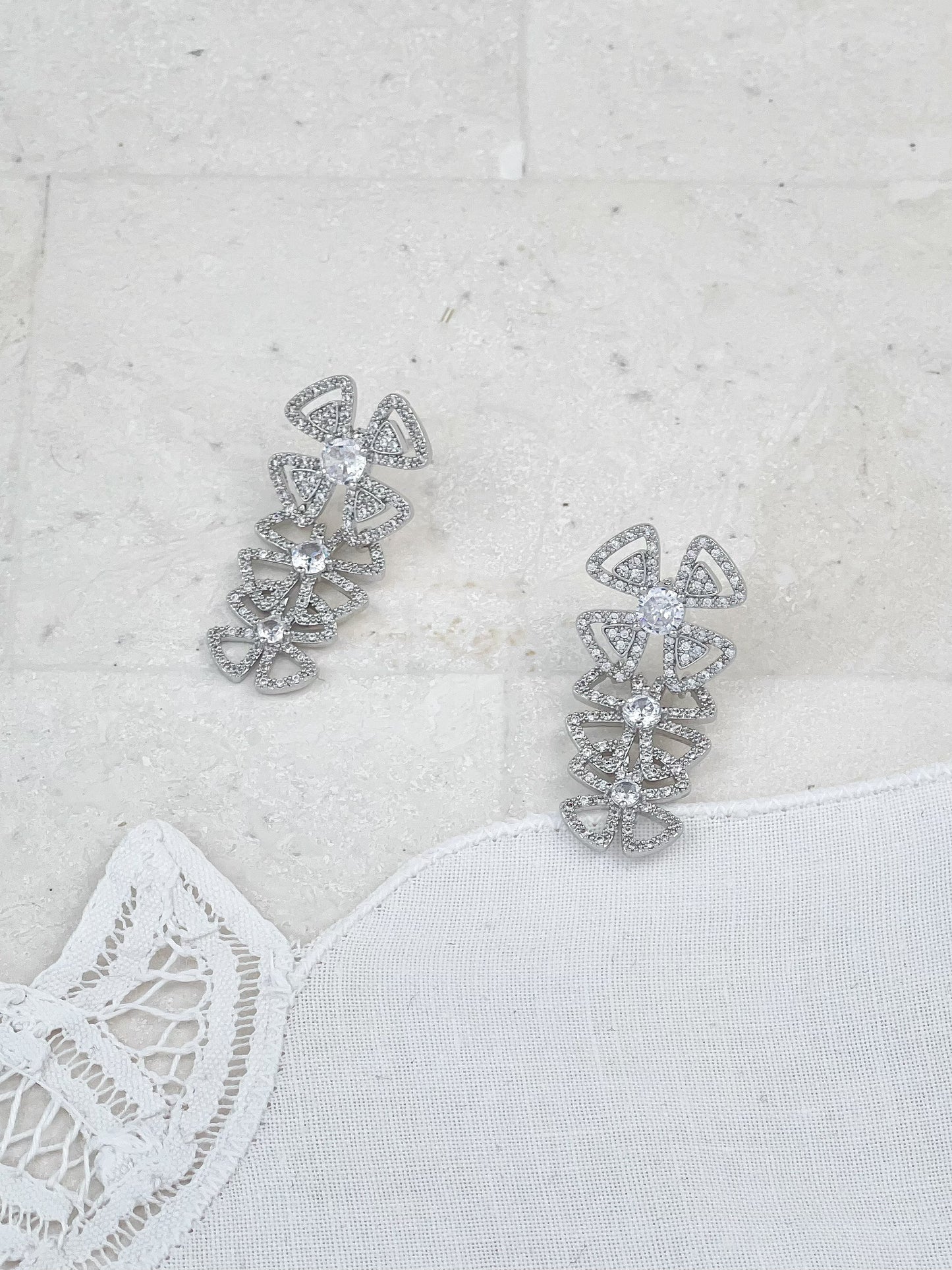 Silver Four Leaf Flower Diamond Earrings