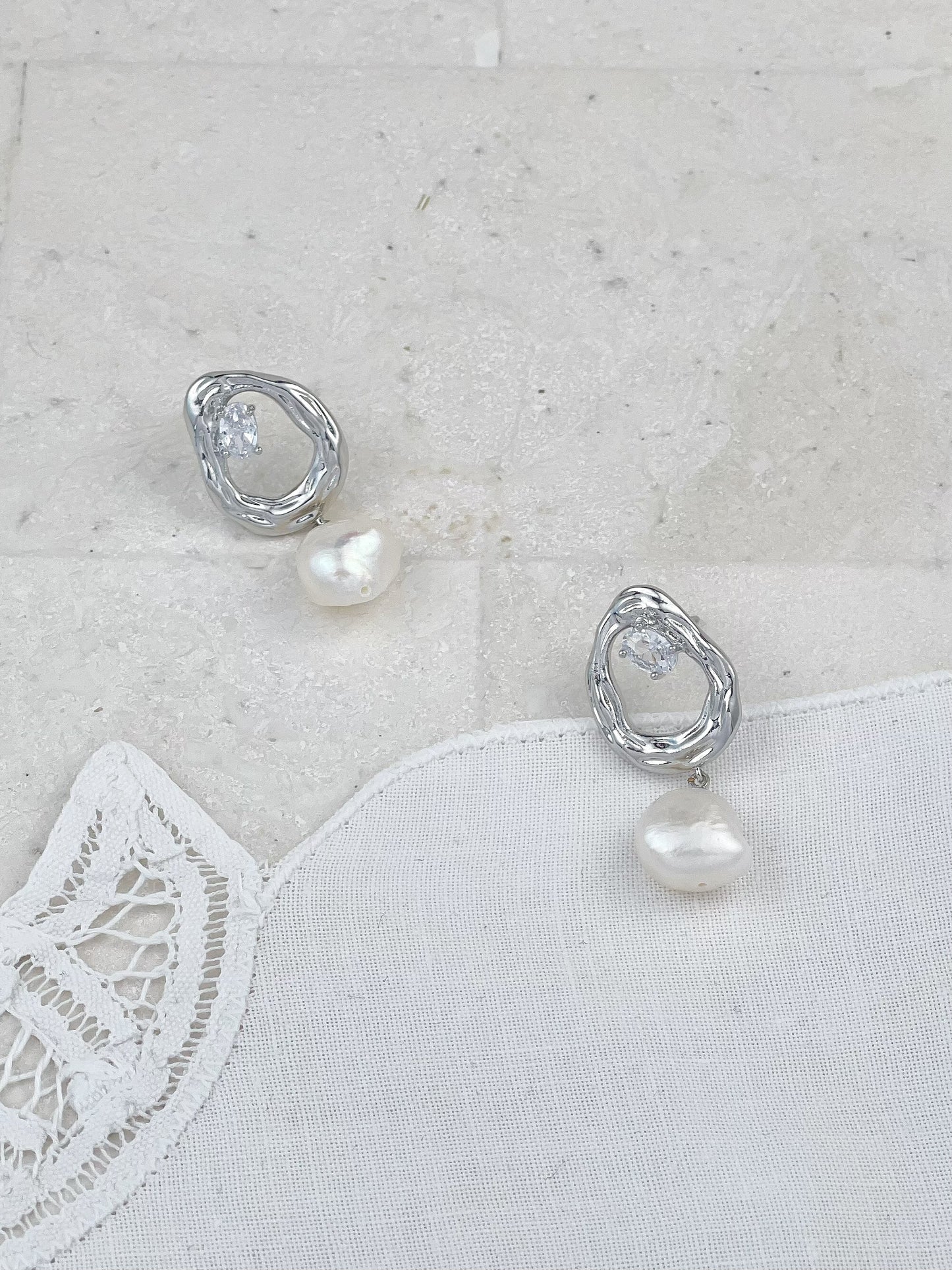 Silver Molten Mini Circle Diamond Freshwater Pearl Earrings