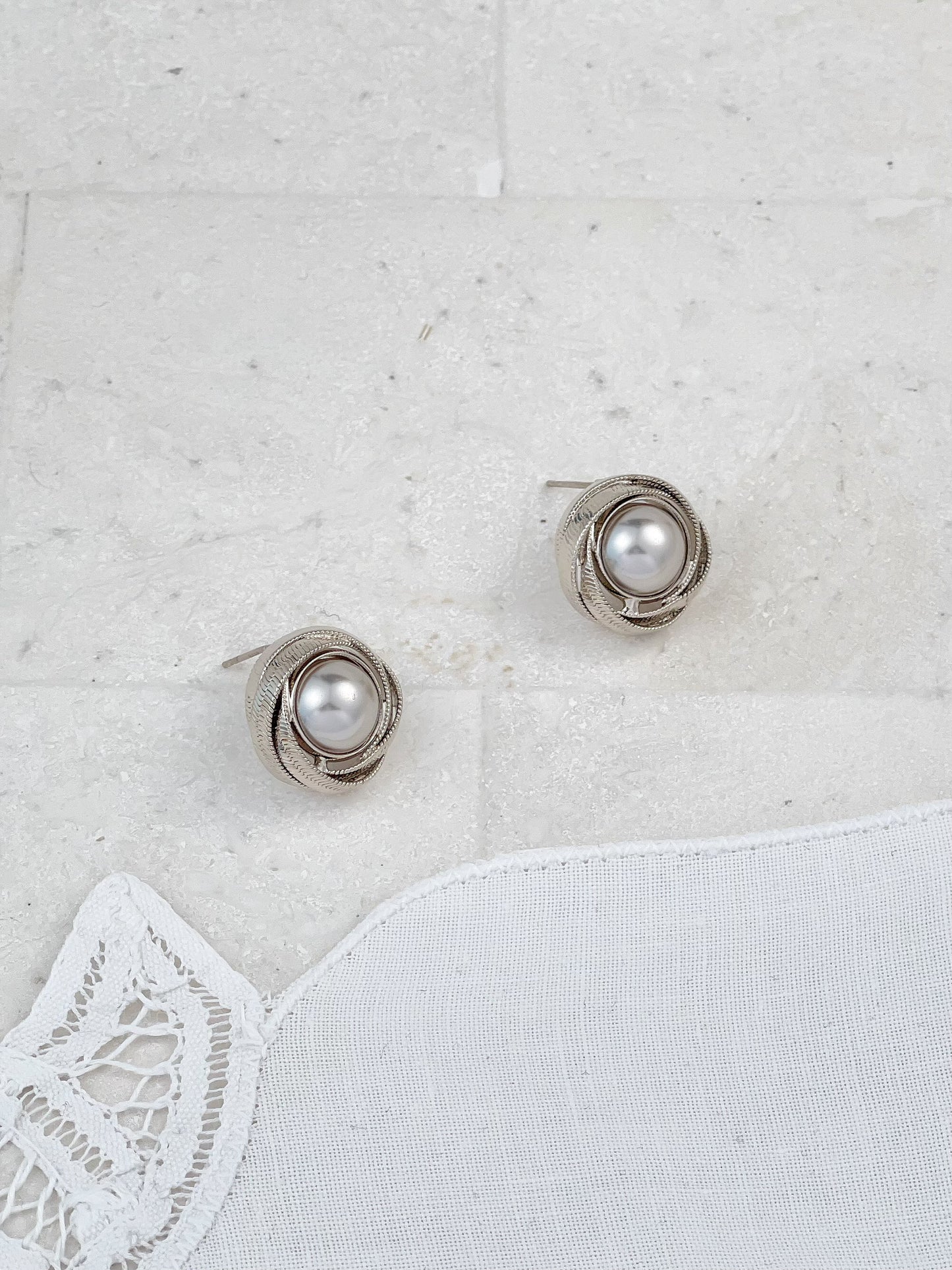 Silver Plated Vintage Gray Pearl Stud Earrings