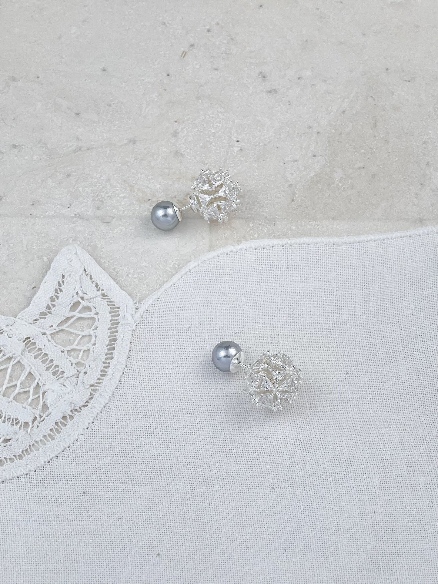 Silver Diamond Hydrangea Gray Pearl Both Sides Stud Earrings