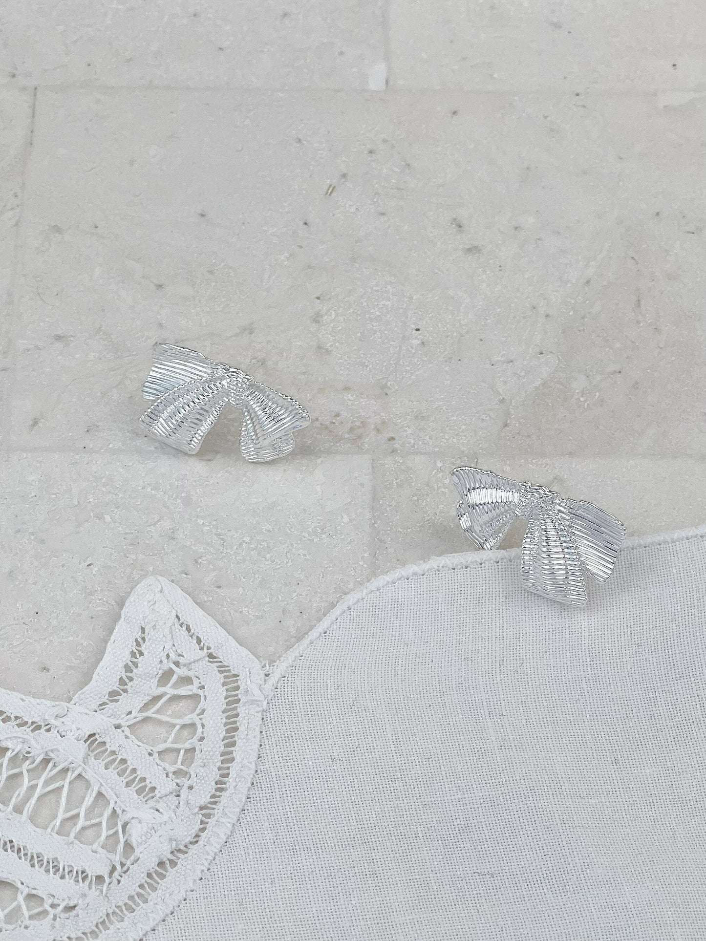 Silver Plated Striped Bow Stud Earrings