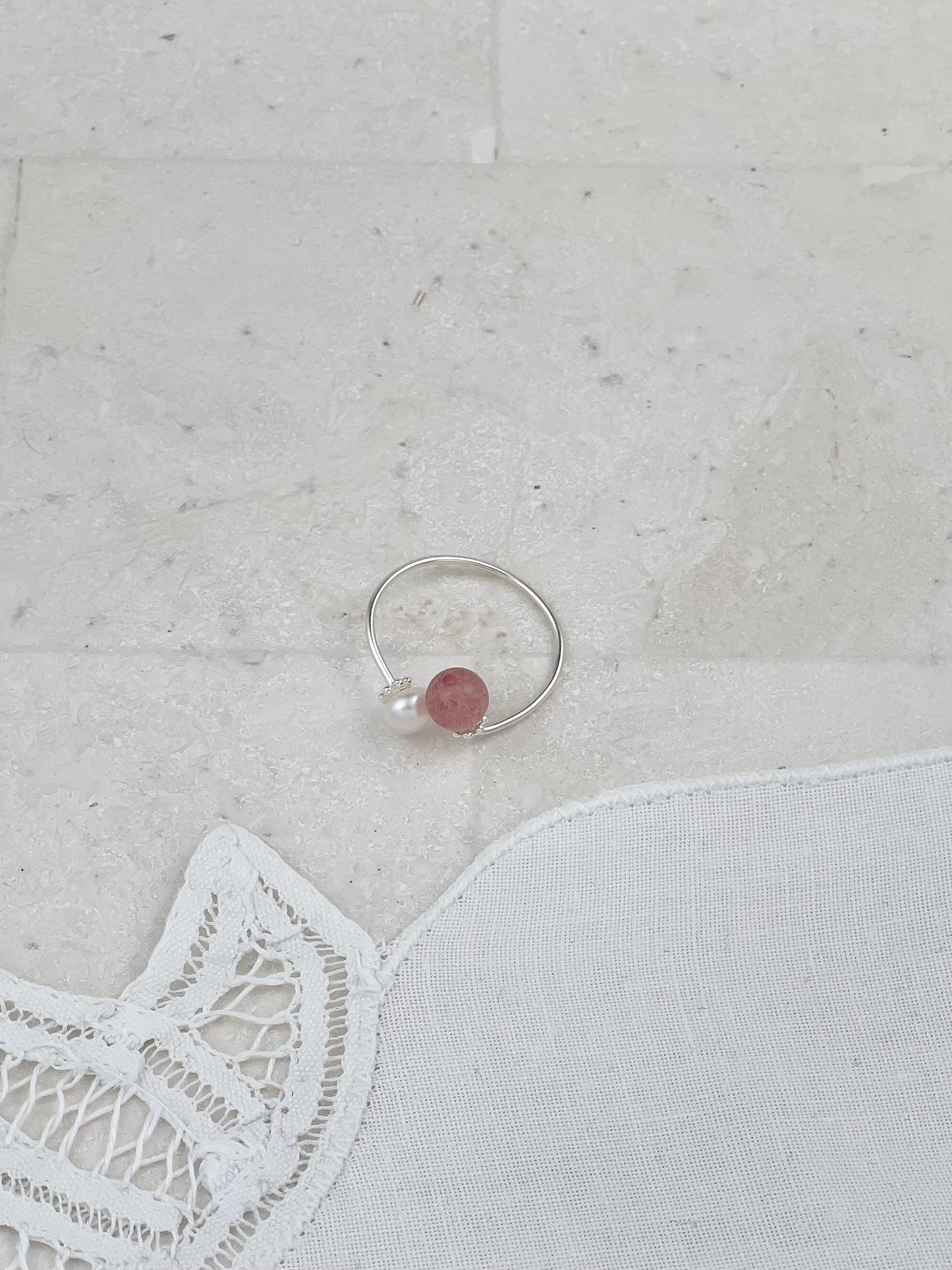 Silver Strawberry Quartz Freshwater Pearl Ring