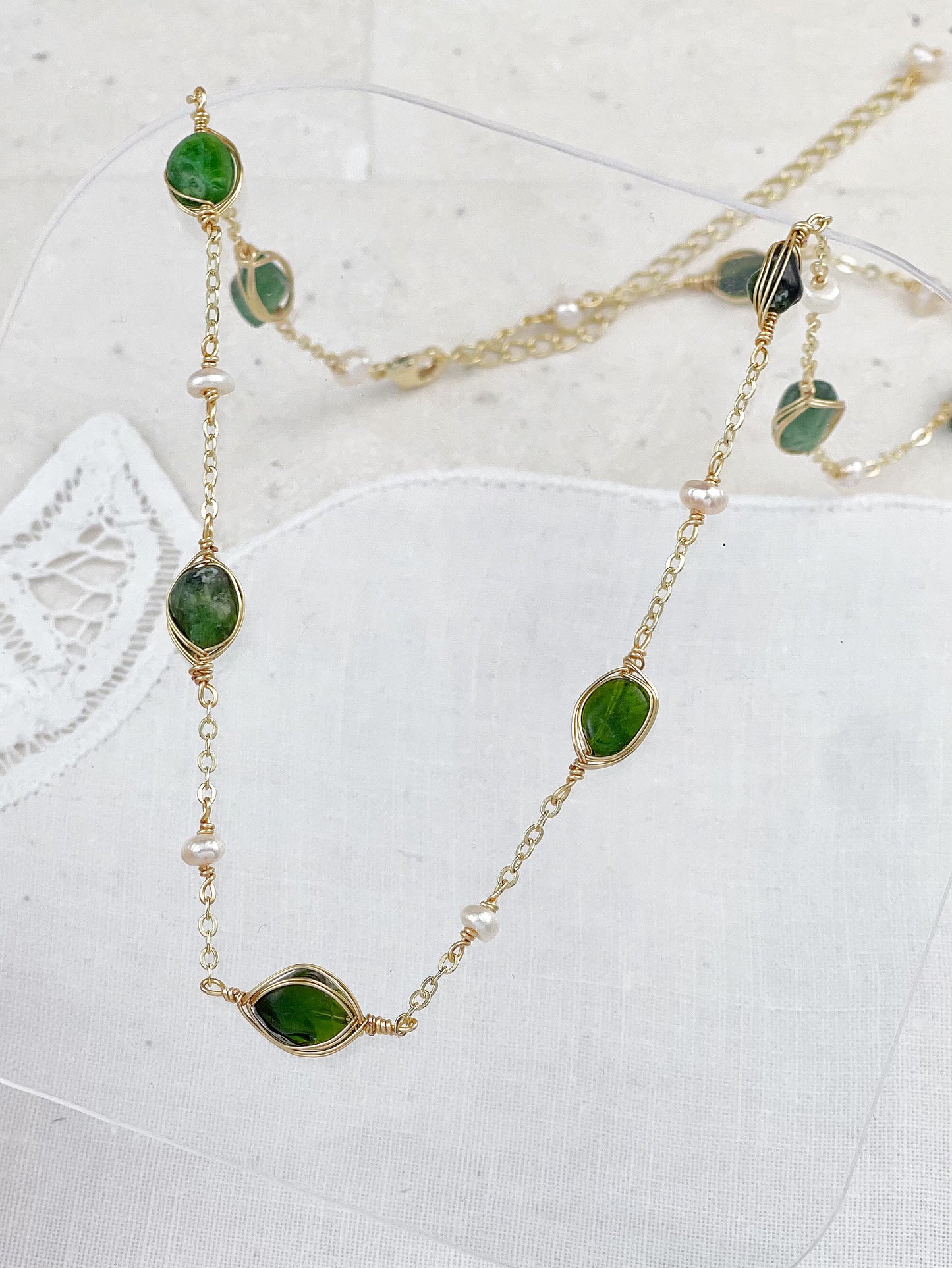 Gold Plated Peridot And Freshwater Pearl Necklace