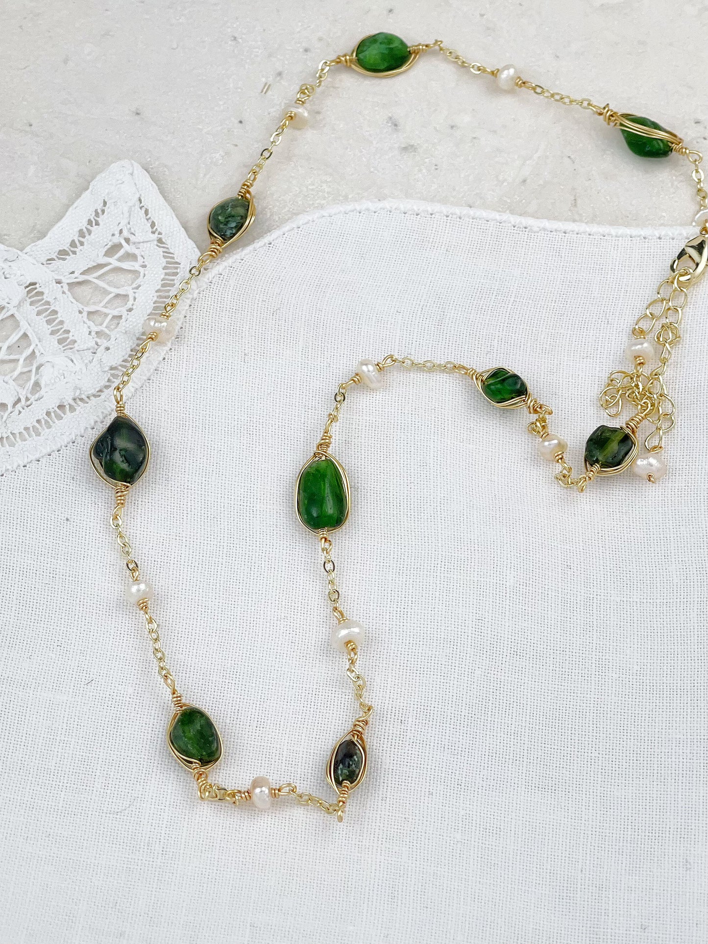 Gold Plated Peridot And Freshwater Pearl Necklace