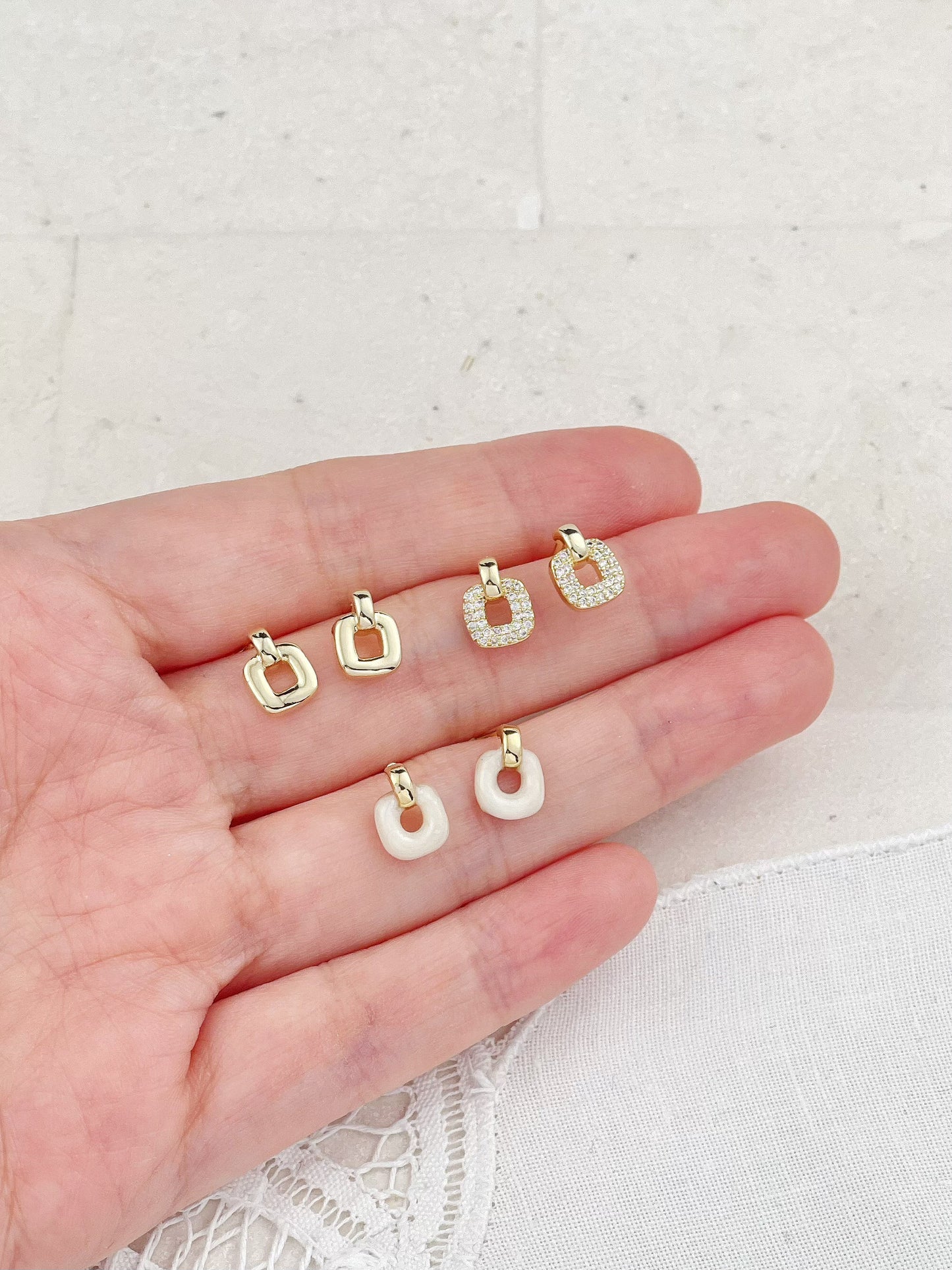 Gold Plated Diamond And Enamel Mini Square Stud Earrings 3-Pack