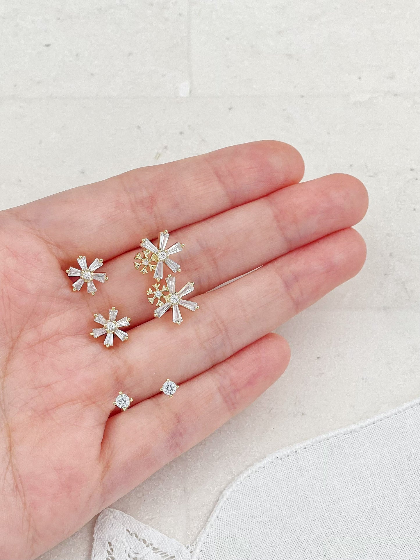 Gold Plated Diamond Snowflake Set Mini Stud Earrings 3-Pack