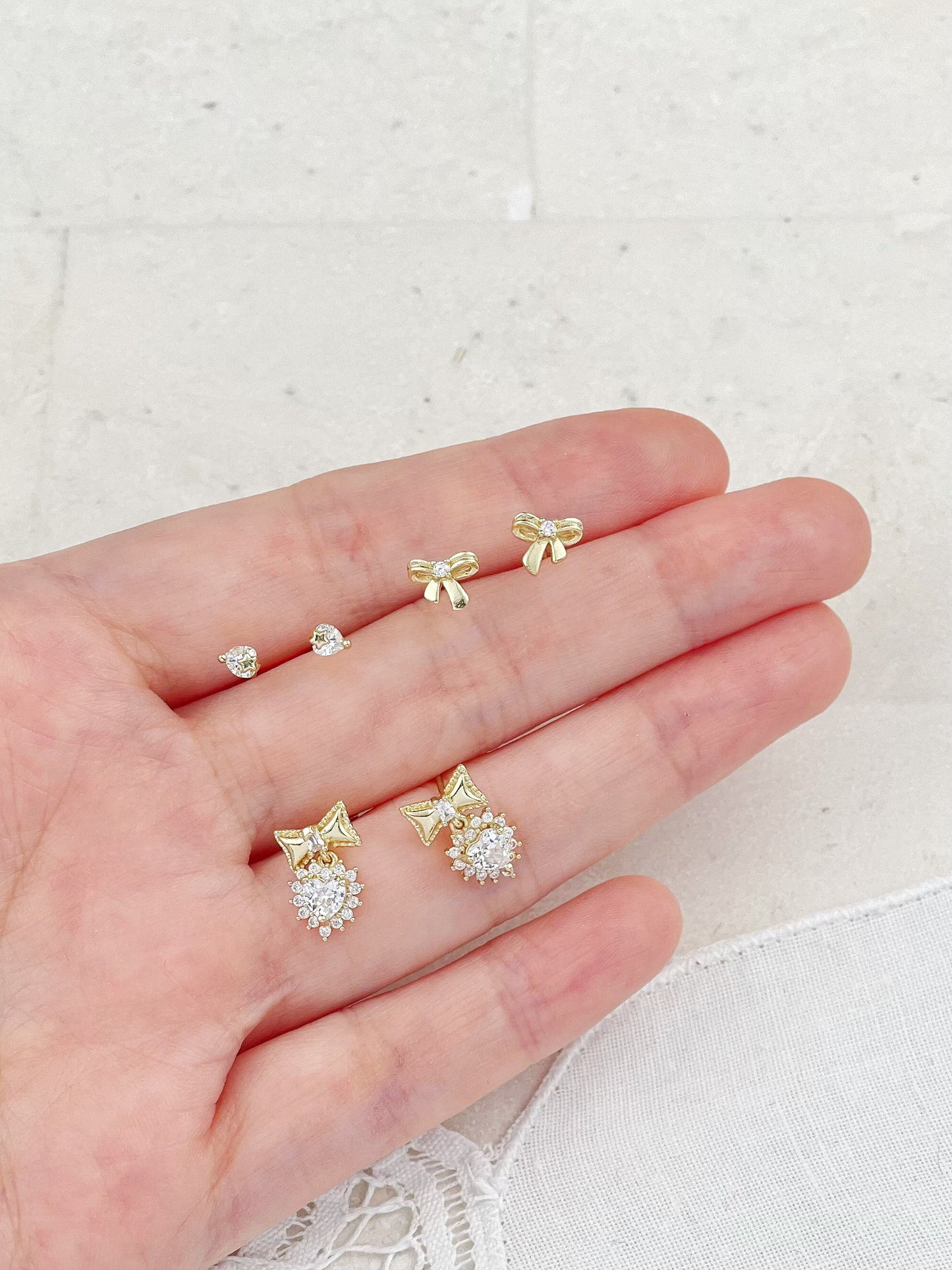 Gold Plated Diamond Mini Bow Set Stud Earrings 3-Pack