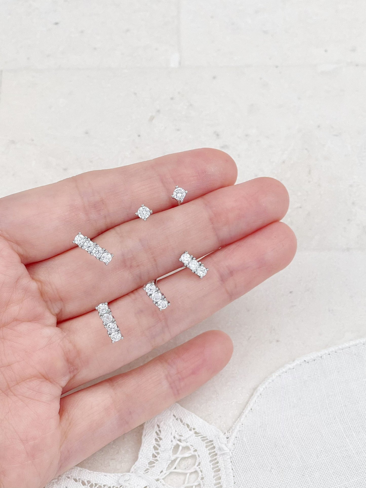 Silver Plated Diamond Mini Row Set Stud Earrings 3-Pack