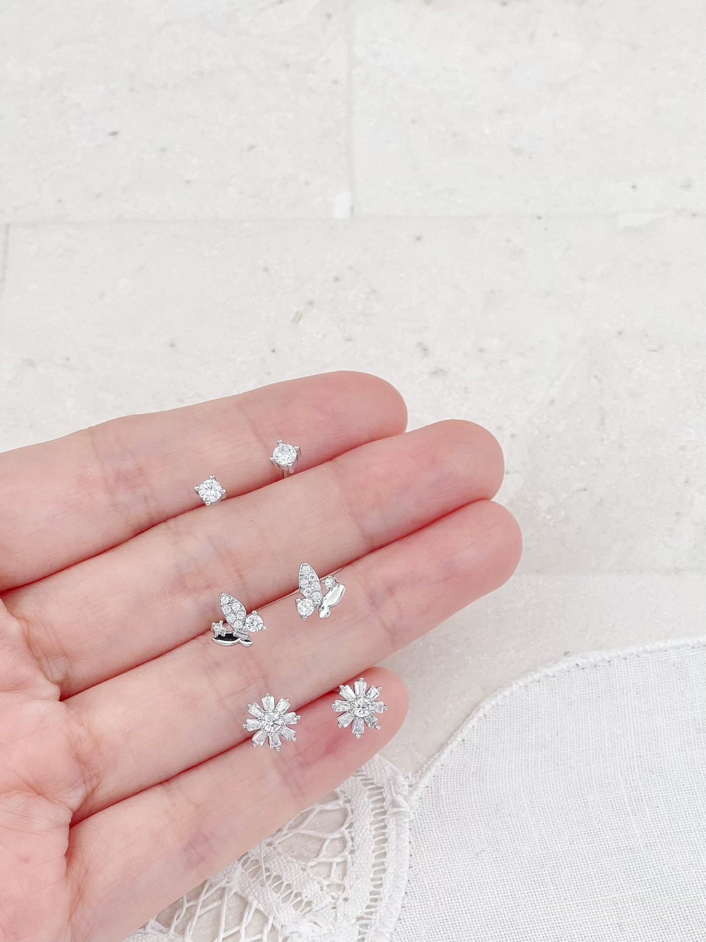 Silver Plated Diamond Mini Butterfly And Flower Set Stud Earrings 3-Pack