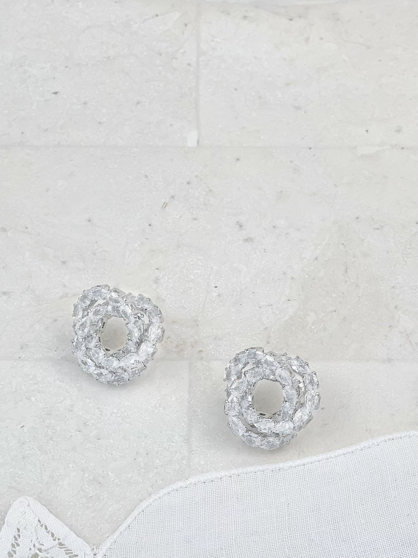 Silver Plated Drop Diamond Circle Stud Earrings